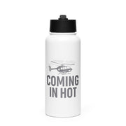 White water bottle with black lid and helicopter graphic and text "Coming in hot" by Rotor Wash & Wear