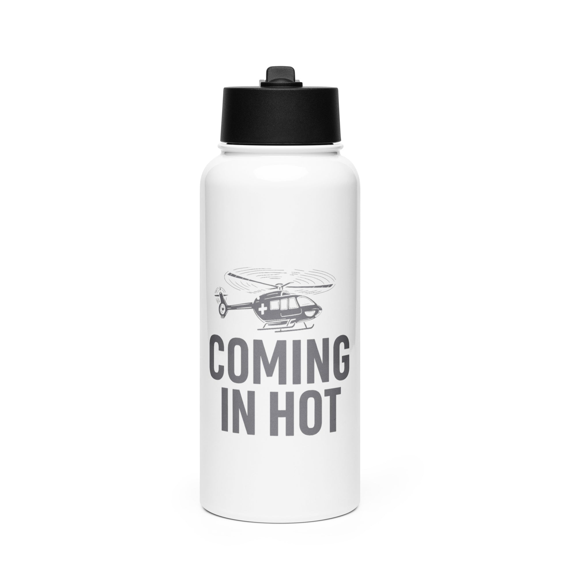 White water bottle with black lid and helicopter graphic and text "Coming in hot" by Rotor Wash & Wear