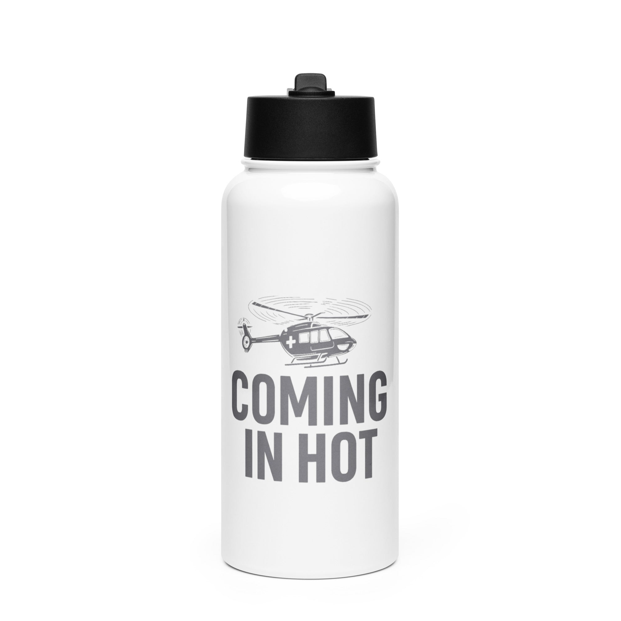 White water bottle with black lid and helicopter graphic and text "Coming in hot" by Rotor Wash & Wear