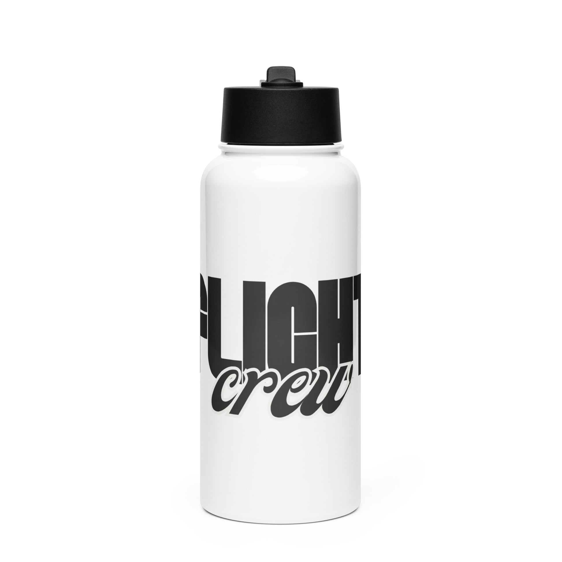 White water bottle with black cap and 'Flight Crew' text by Rotor Wash & Wear