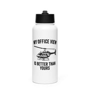 White water bottle with black lid and helicopter graphic and text "My office view is better than yours" by Rotor Wash & Wear