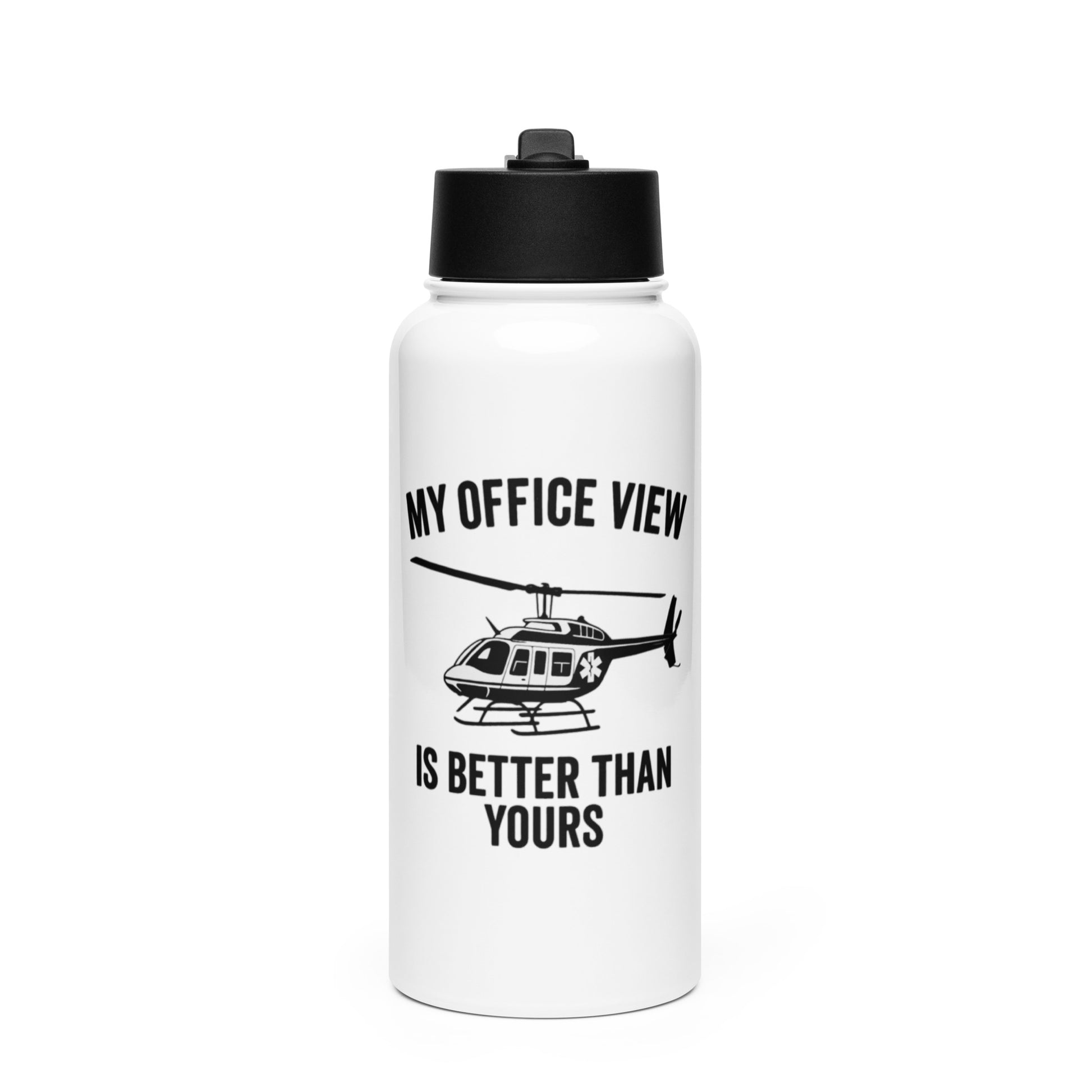White water bottle with black lid and helicopter graphic and text "My office view is better than yours" by Rotor Wash & Wear