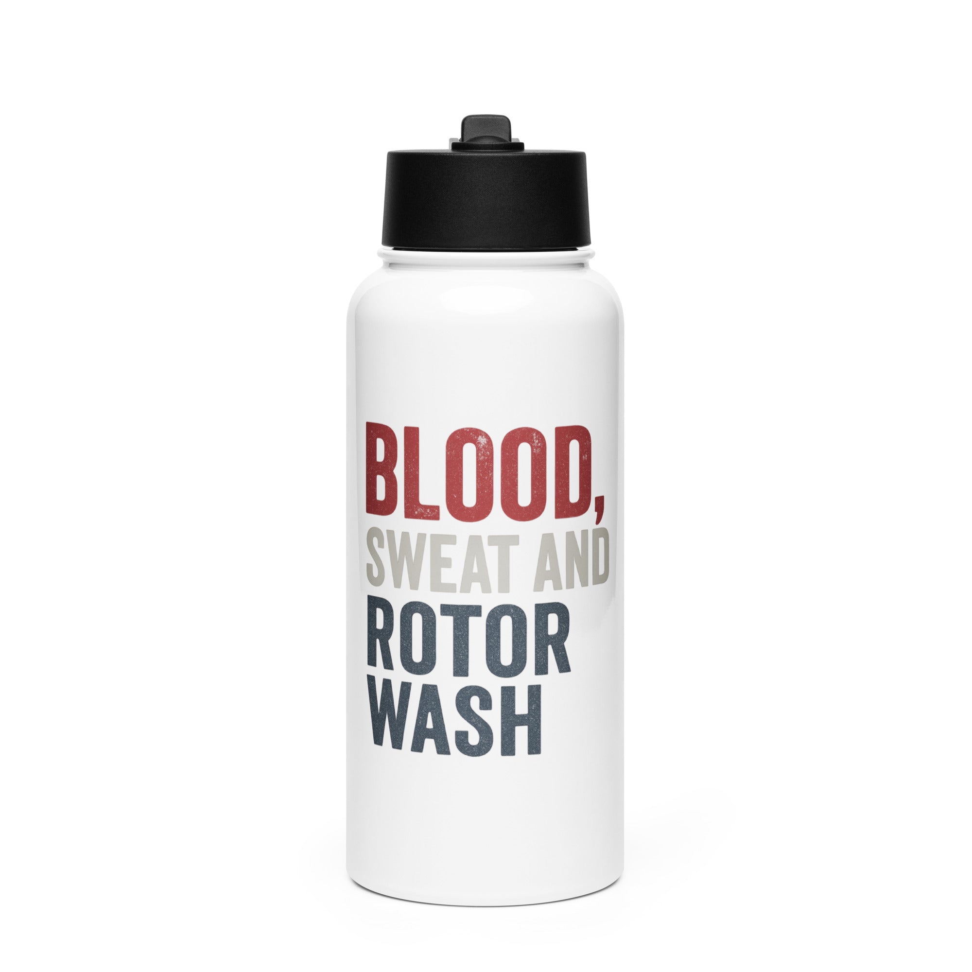 White water bottle with black lid featuring text 'BLOOD, SWEAT AND ROTOR WASH' by Rotor Wash & Wear