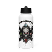White water bottle with black lid featuring a graphic design of a skull and text "Trauma diamond of death" by Rotor Wash & Wear