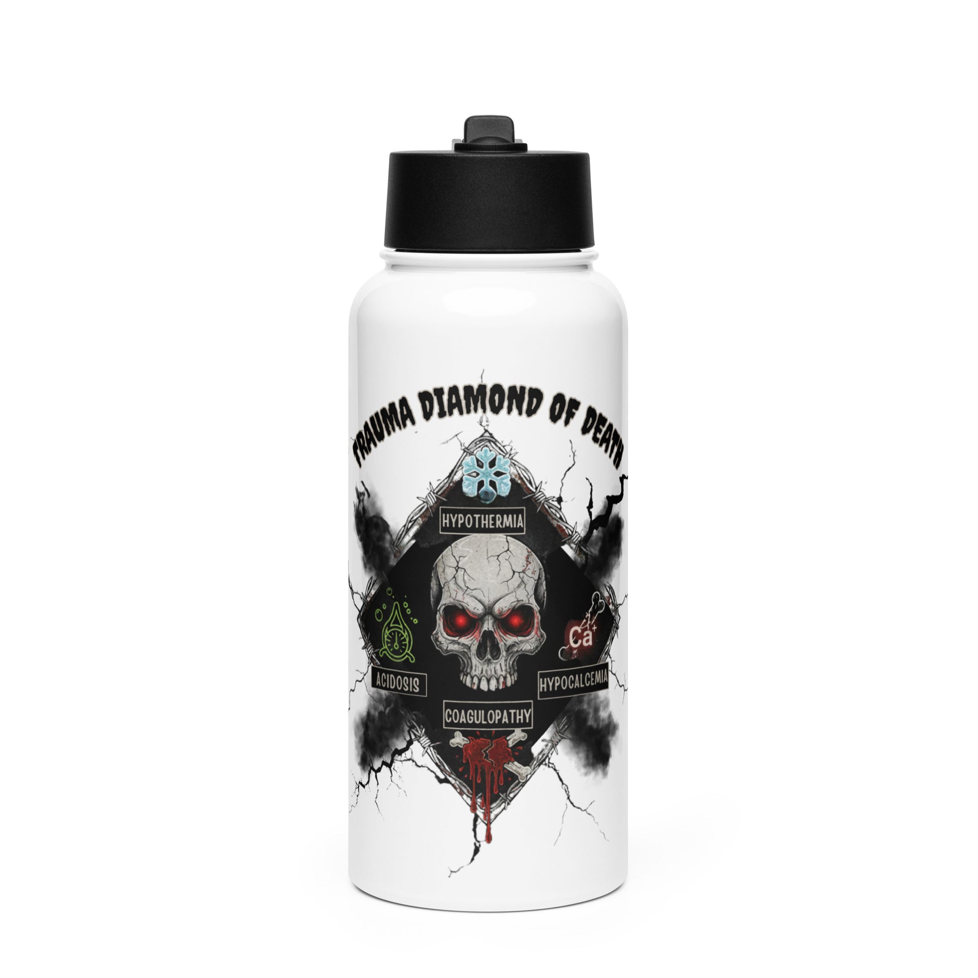 White water bottle with black lid featuring a graphic design of a skull and text "Trauma diamond of death" by Rotor Wash & Wear