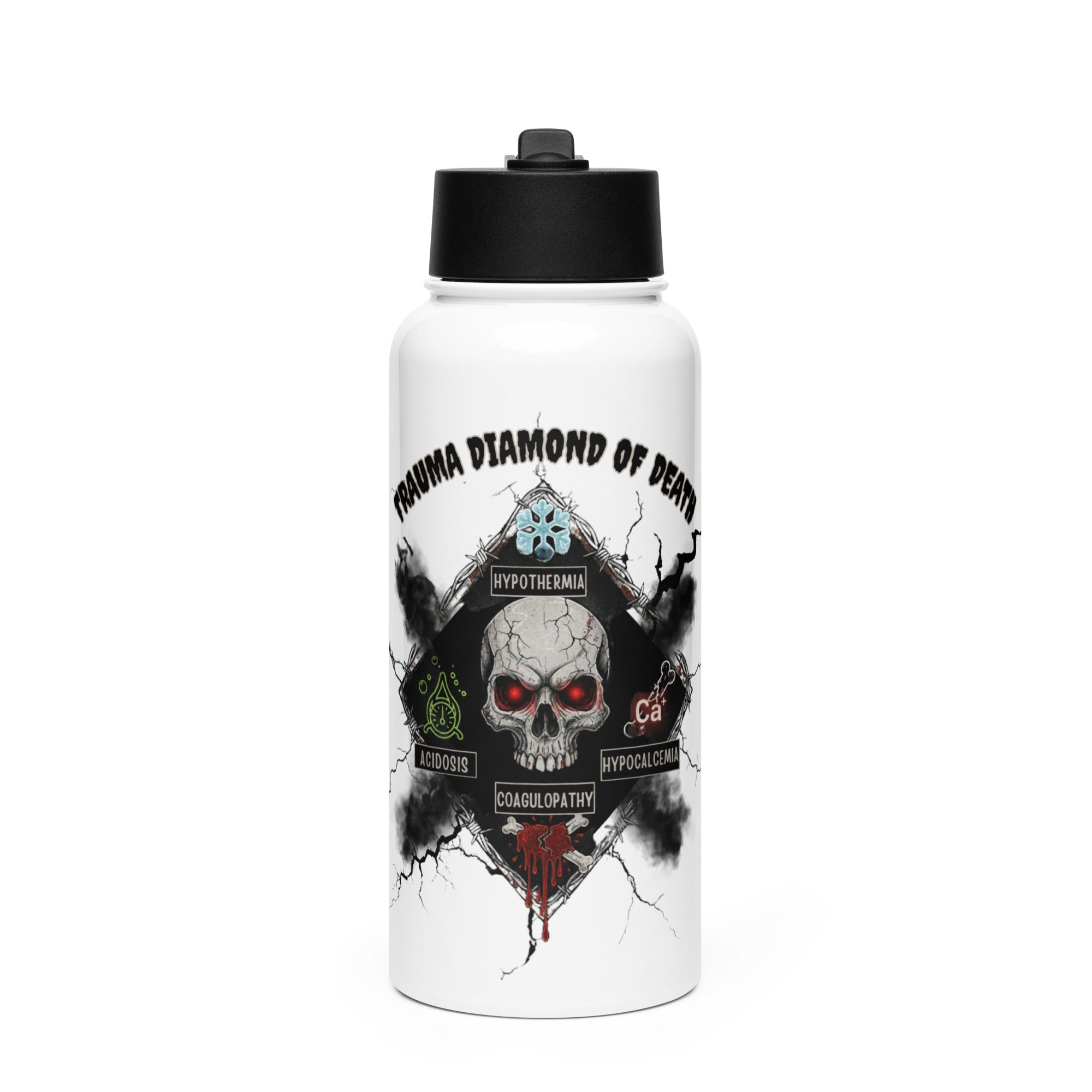 White water bottle with black lid featuring a graphic design of a skull and text "Trauma diamond of death" by Rotor Wash & Wear