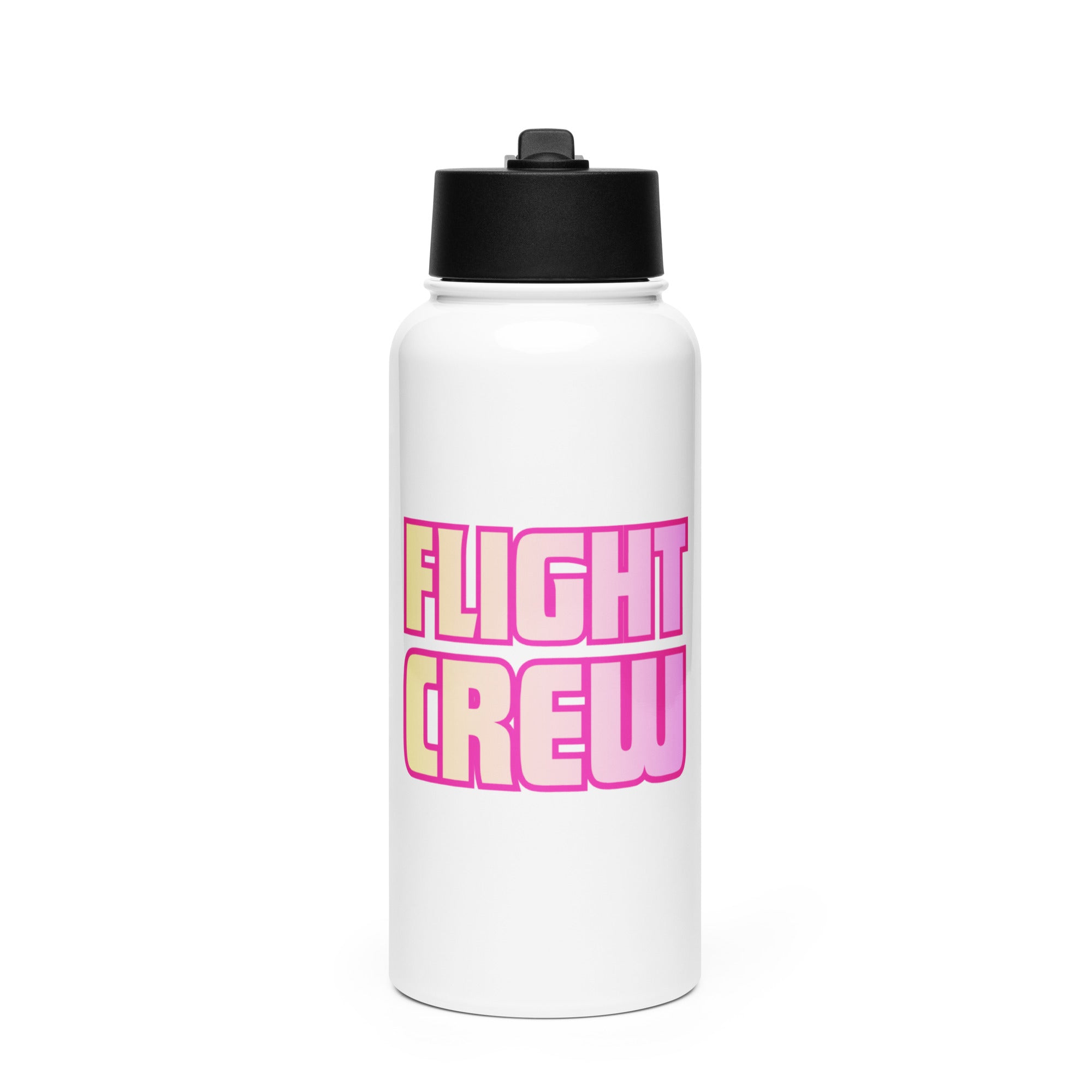 White water bottle with pink 'FLIGHT CREW' text and black lid by Rotor Wash & Wear