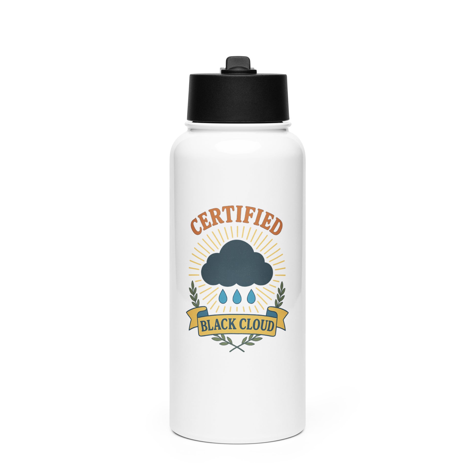 White water bottle with black lid featuring a graphic of a cloud and text "Certified Black Cloud" by Rotor Wash & Wear