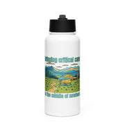 White water bottle with a graphic of a helicopter and mountain landscape with text "Bringing critical care to the middle of nowhere" by Rotor Wash & Wear