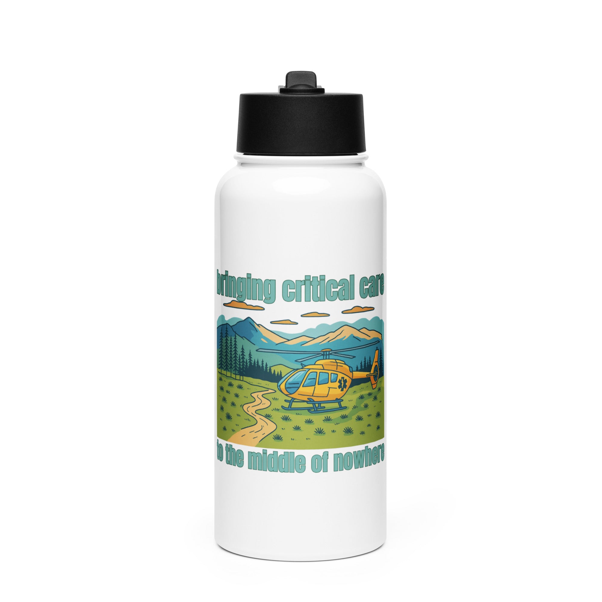 White water bottle with a graphic of a helicopter and mountain landscape with text "Bringing critical care to the middle of nowhere" by Rotor Wash & Wear