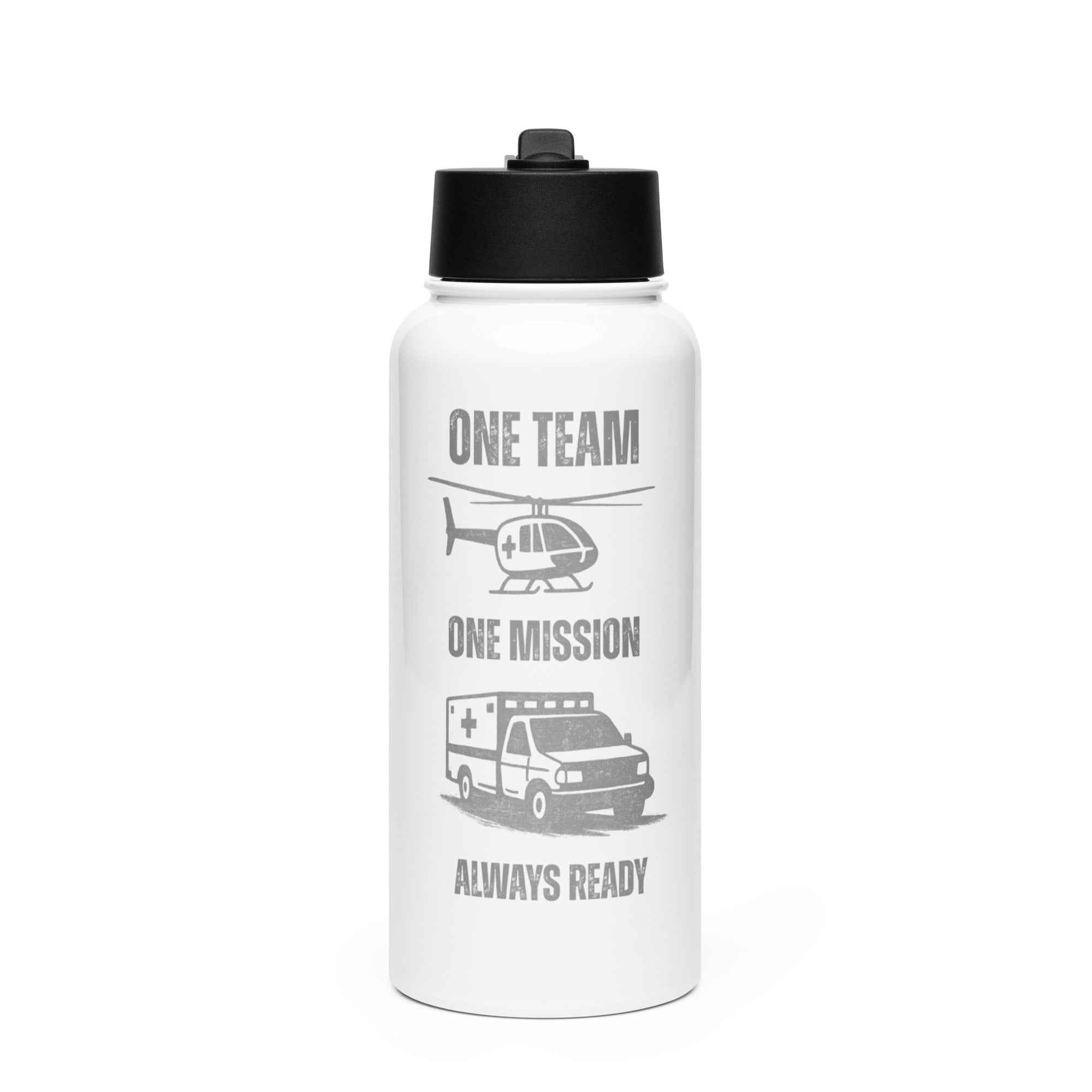 White water bottle with black lid featuring medical helicopter and ambulance with text "One team, one mission, always ready" by Rotor Wash & Wear
