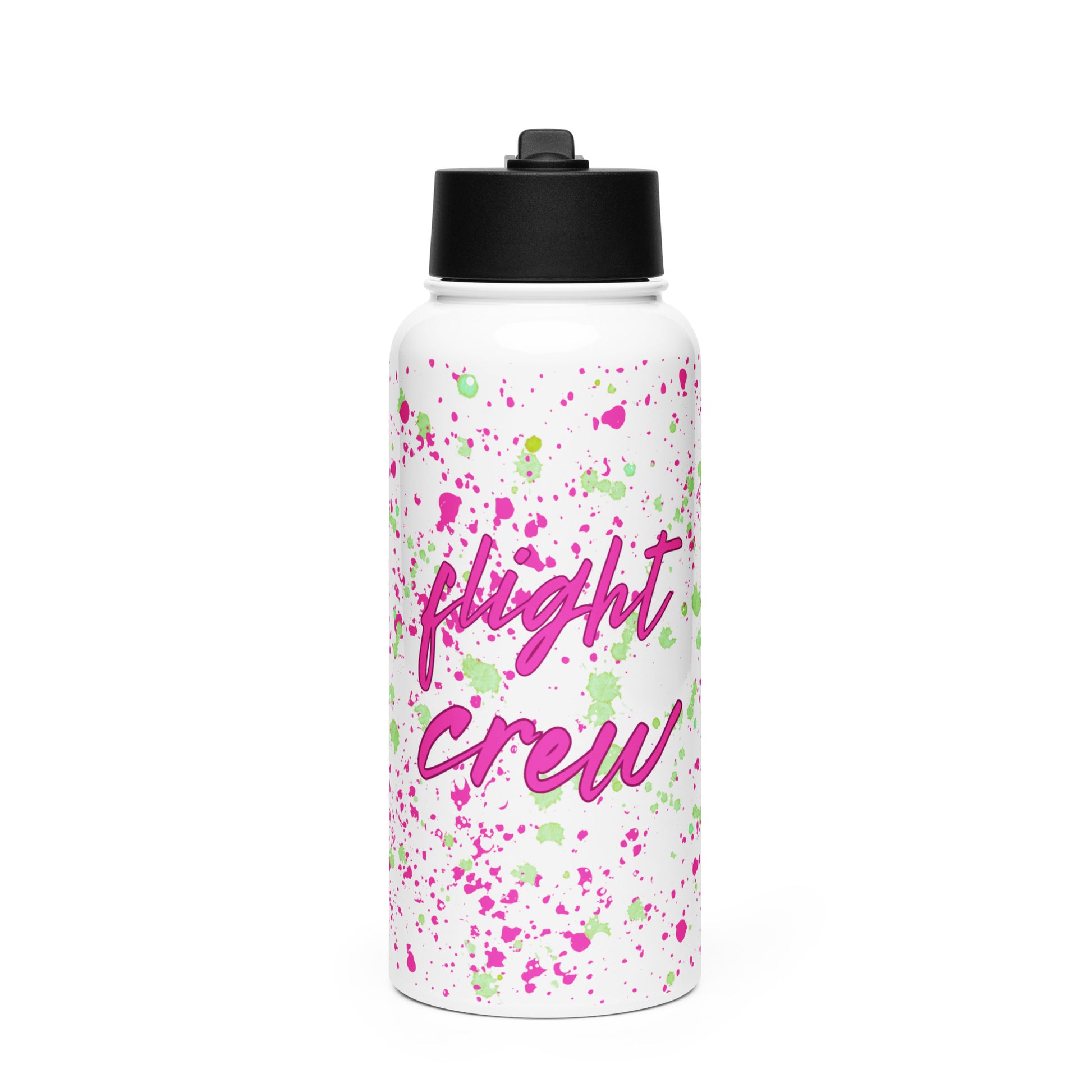 White water bottle with pink 'flight crew' text and colorful splatter design by Rotor Wash & Wear