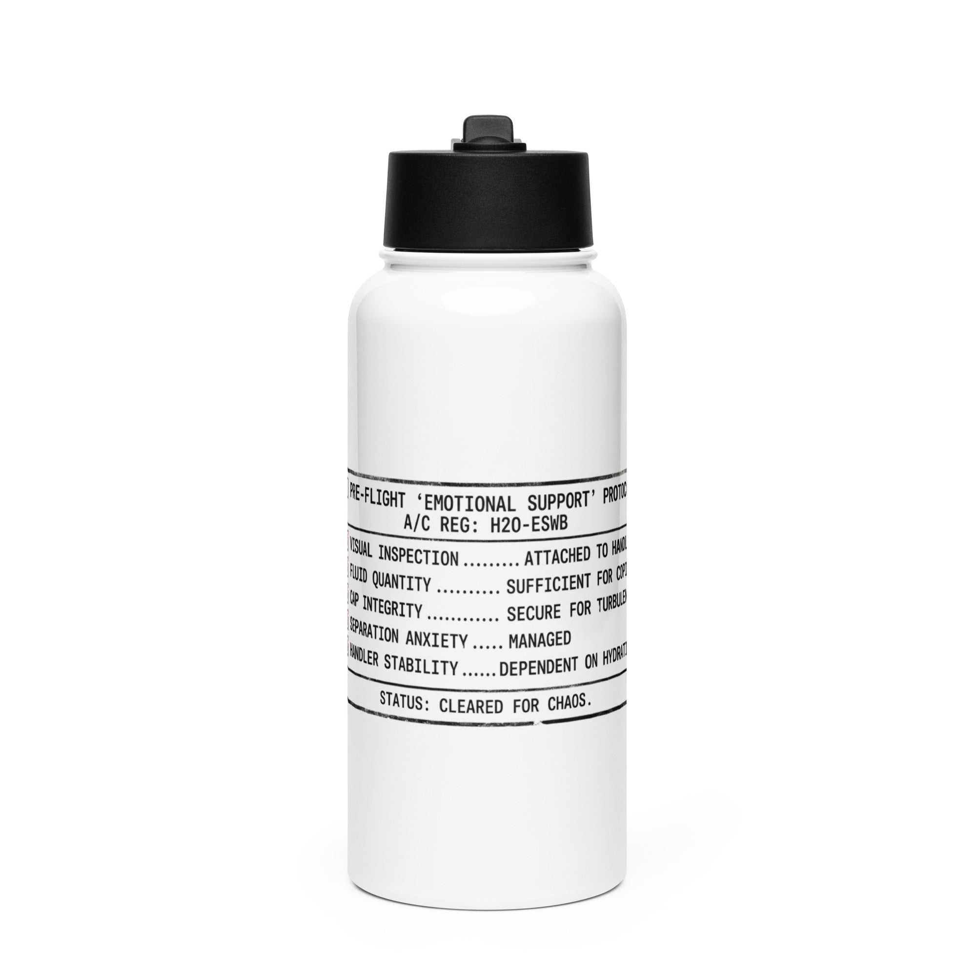 White water bottle with graphic of a "pre-flight checklist" for an emotional support water bottle by Rotor Wash & Wear