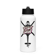 White water bottle with black lid featuring a graphic design of a helicopter and 'FLIGHT CREW' text on by Rotor Wash & Wear