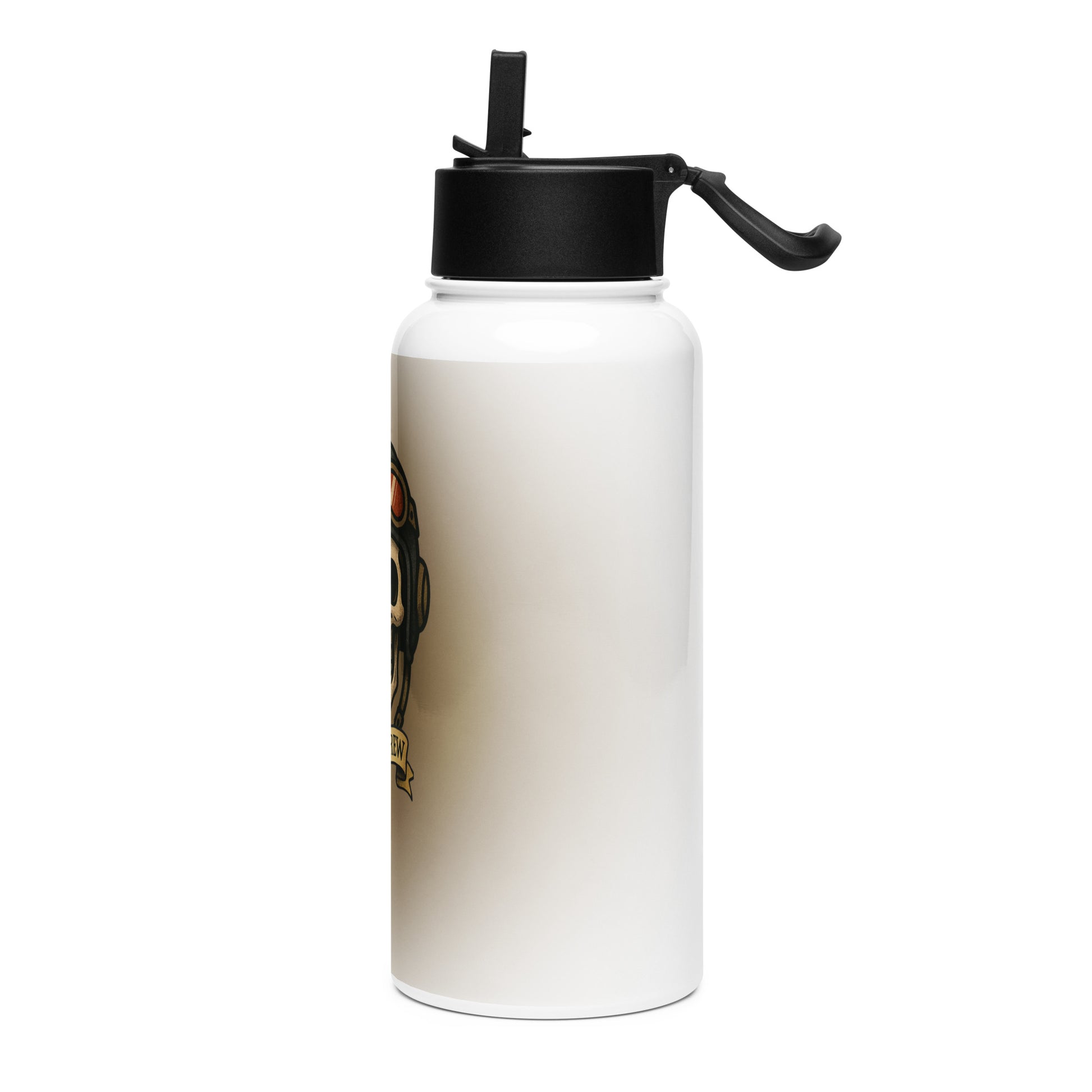 Water bottle with skull design and 'Flight Crew' text on a beige background by Rotor Wash & Wear