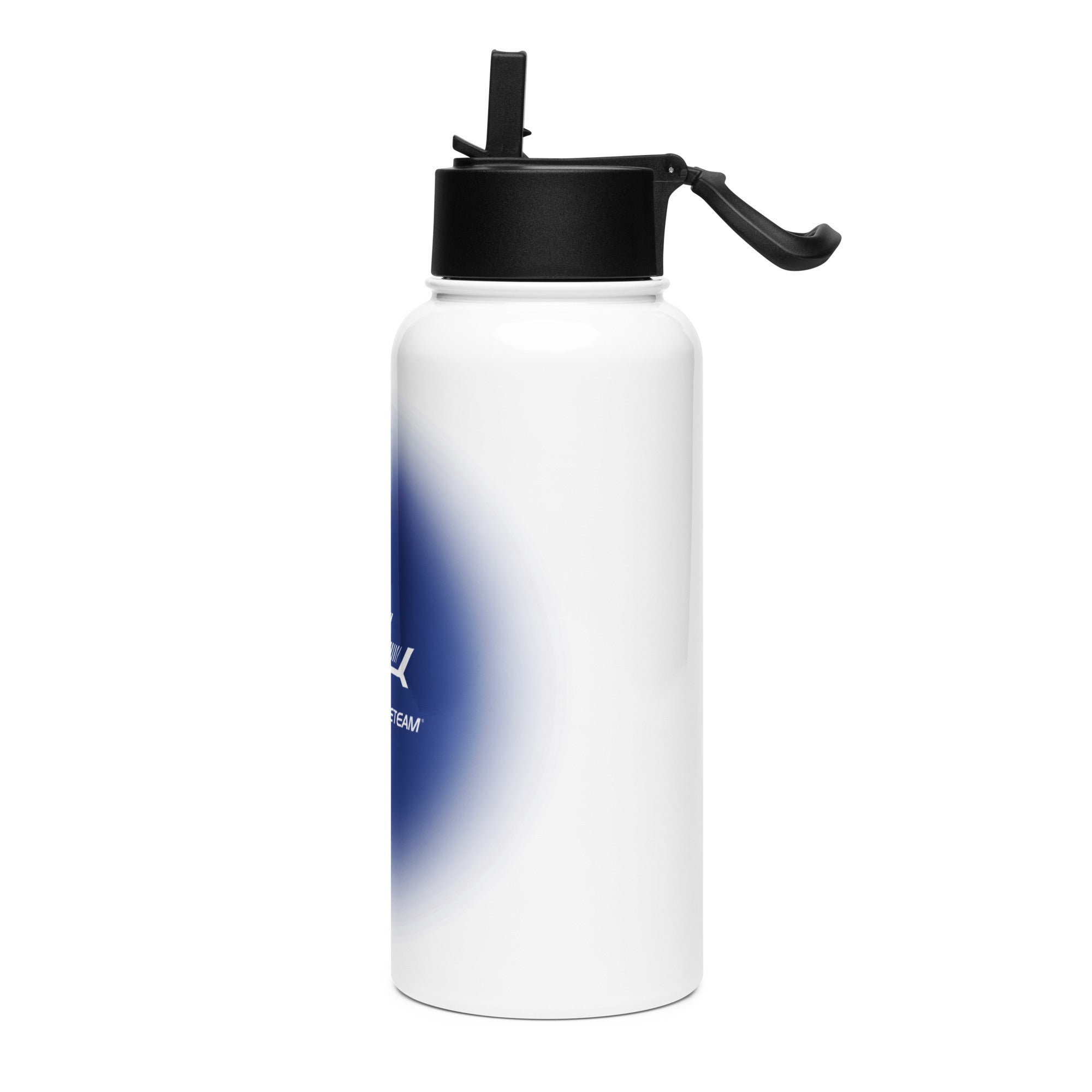 White water bottle with black lid on a white background