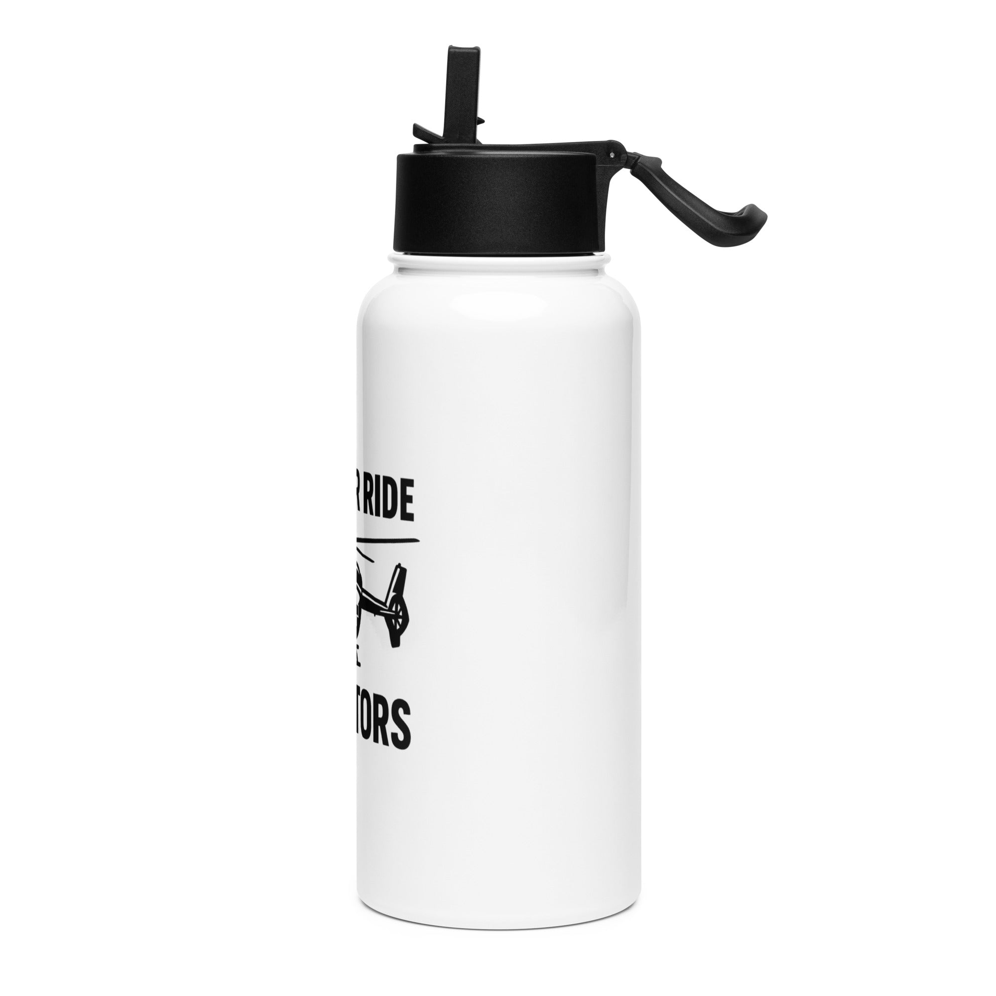 White water bottle with black lid featuring a helicopter graphic and "My other ride has rotors" by Rotor Wash & Wear