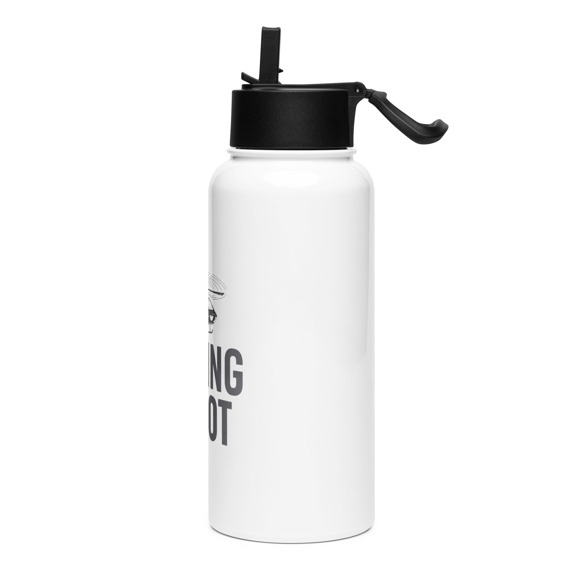 White water bottle with black lid and helicopter graphic and text "Coming in hot" by Rotor Wash & Wear