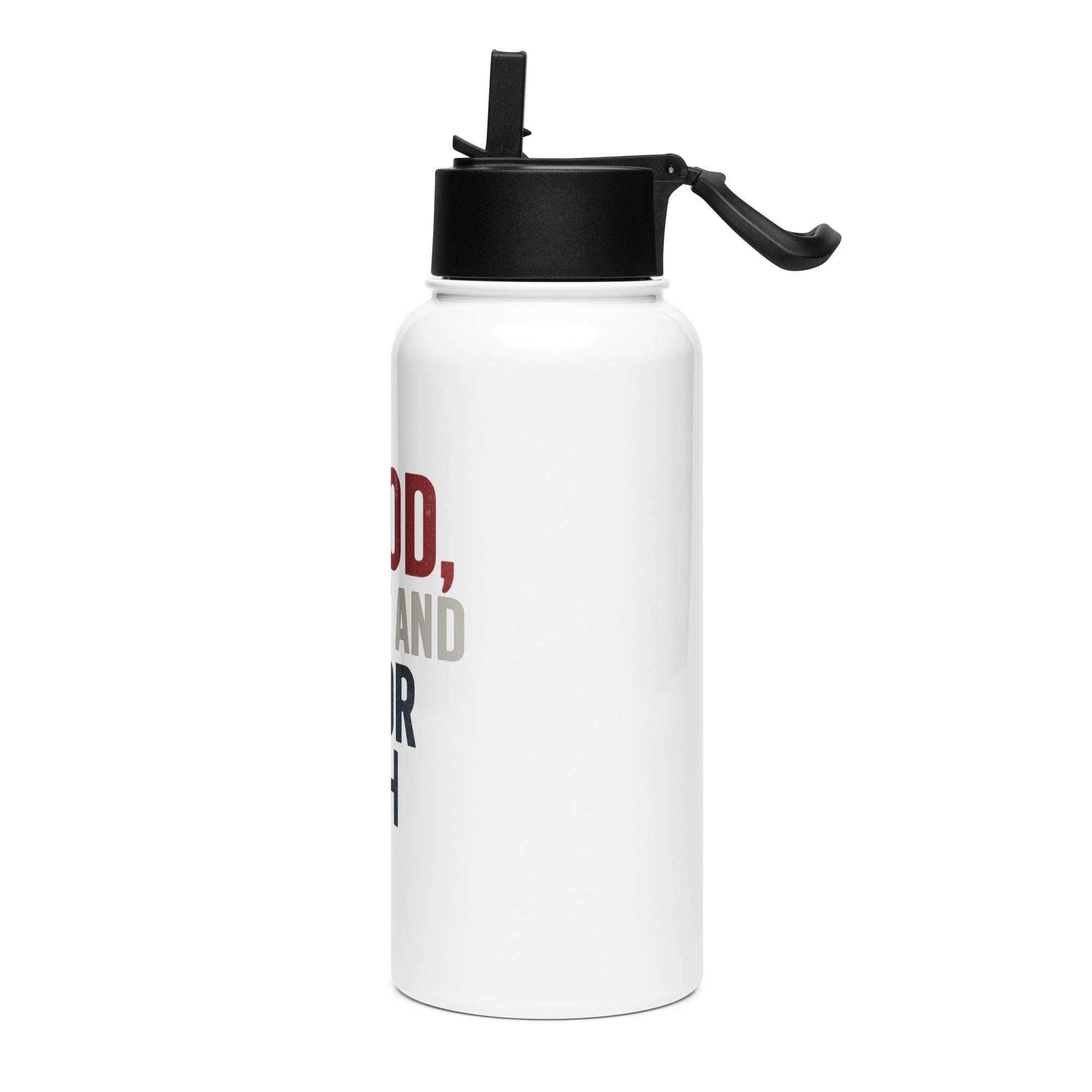 White water bottle with black lid featuring text 'BLOOD, SWEAT AND ROTOR WASH' by Rotor Wash & Wear