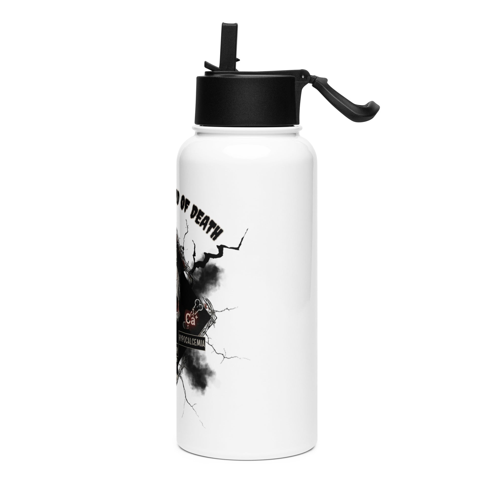 White water bottle with black lid featuring a graphic design of a skull and text "Trauma diamond of death" by Rotor Wash & Wear