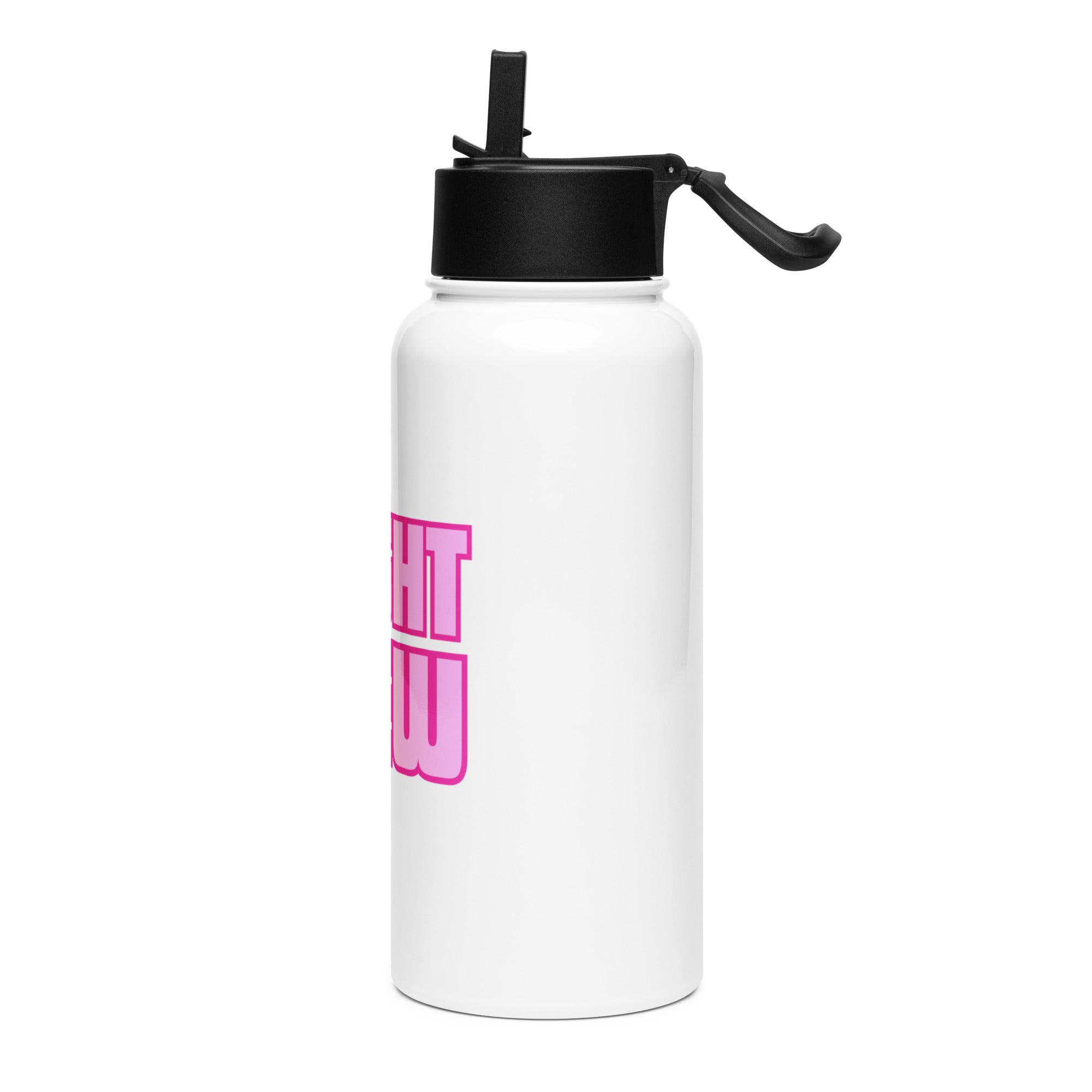 White water bottle with pink 'FLIGHT CREW' text and black lid by Rotor Wash & Wear