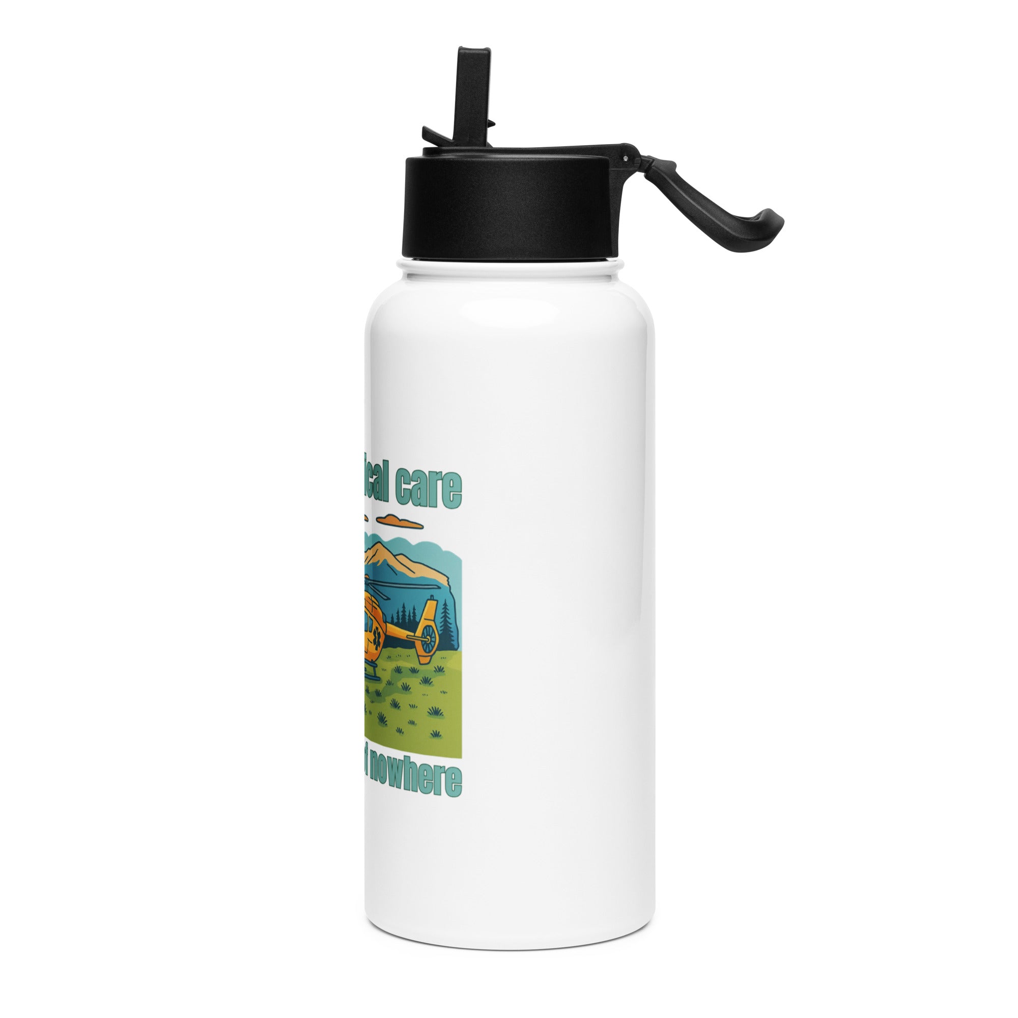 White water bottle with a graphic of a helicopter and mountain landscape with text "Bringing critical care to the middle of nowhere" by Rotor Wash & Wear