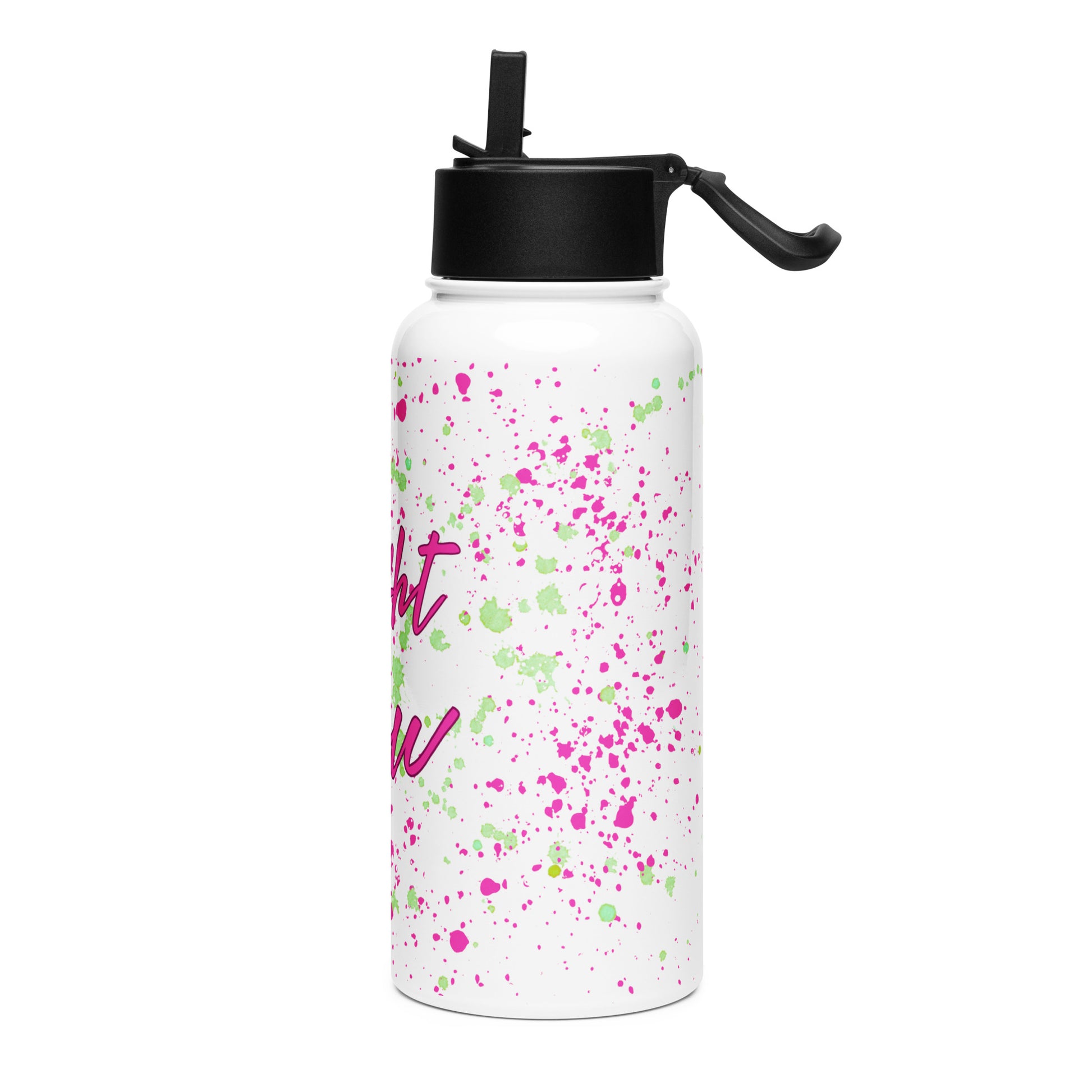 White water bottle with pink 'flight crew' text and colorful splatter design by Rotor Wash & Wear