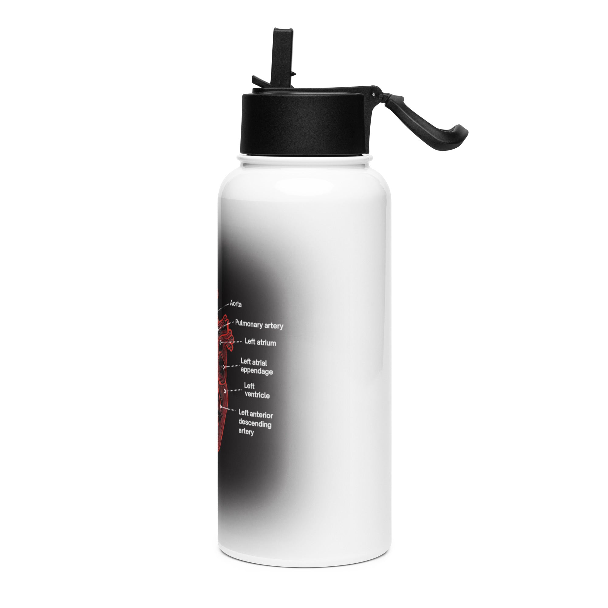 Water bottle with a black and white design of an anatomical heart by Rotor Wash & Wear