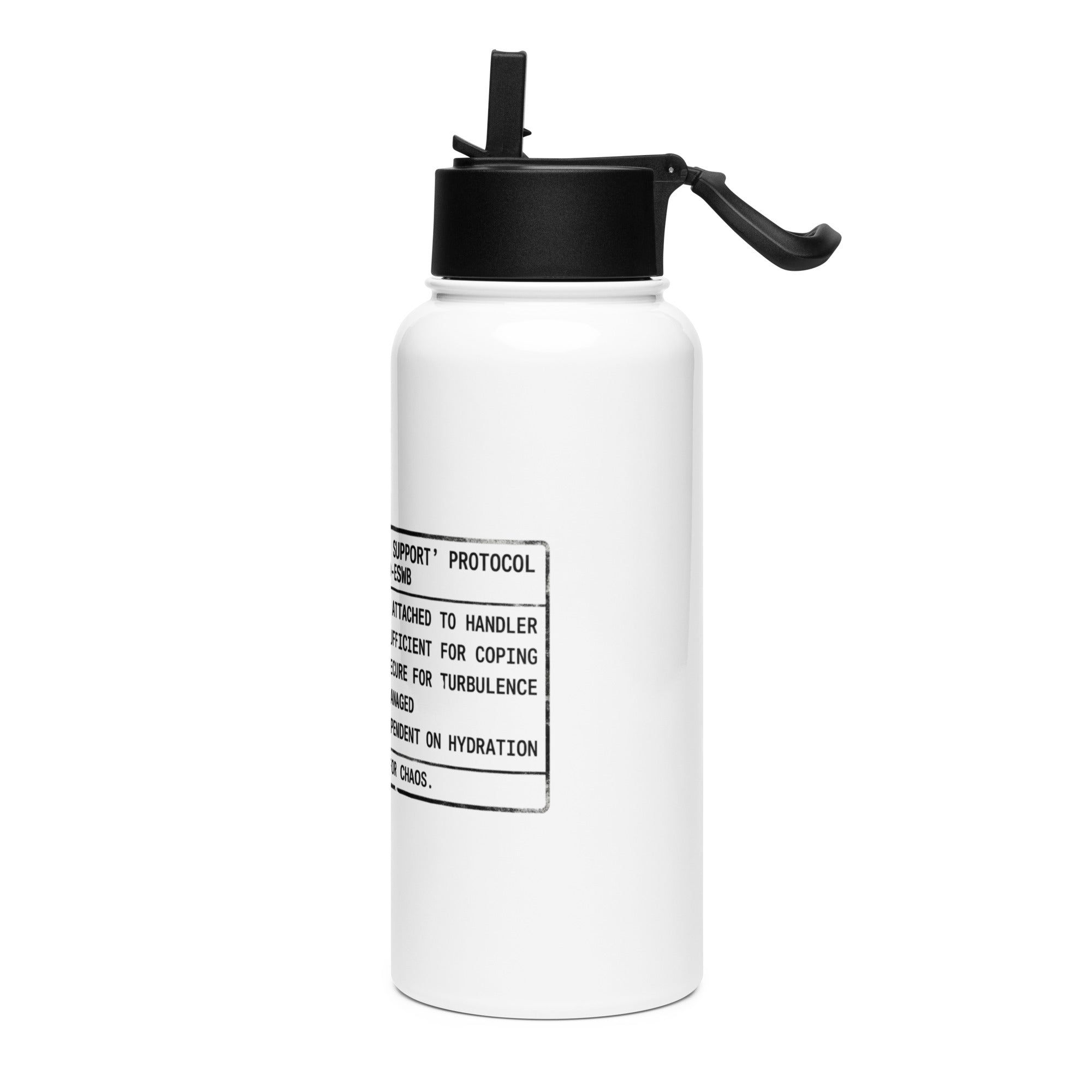 White water bottle with graphic of a "pre-flight checklist" for an emotional support water bottle by Rotor Wash & Wear