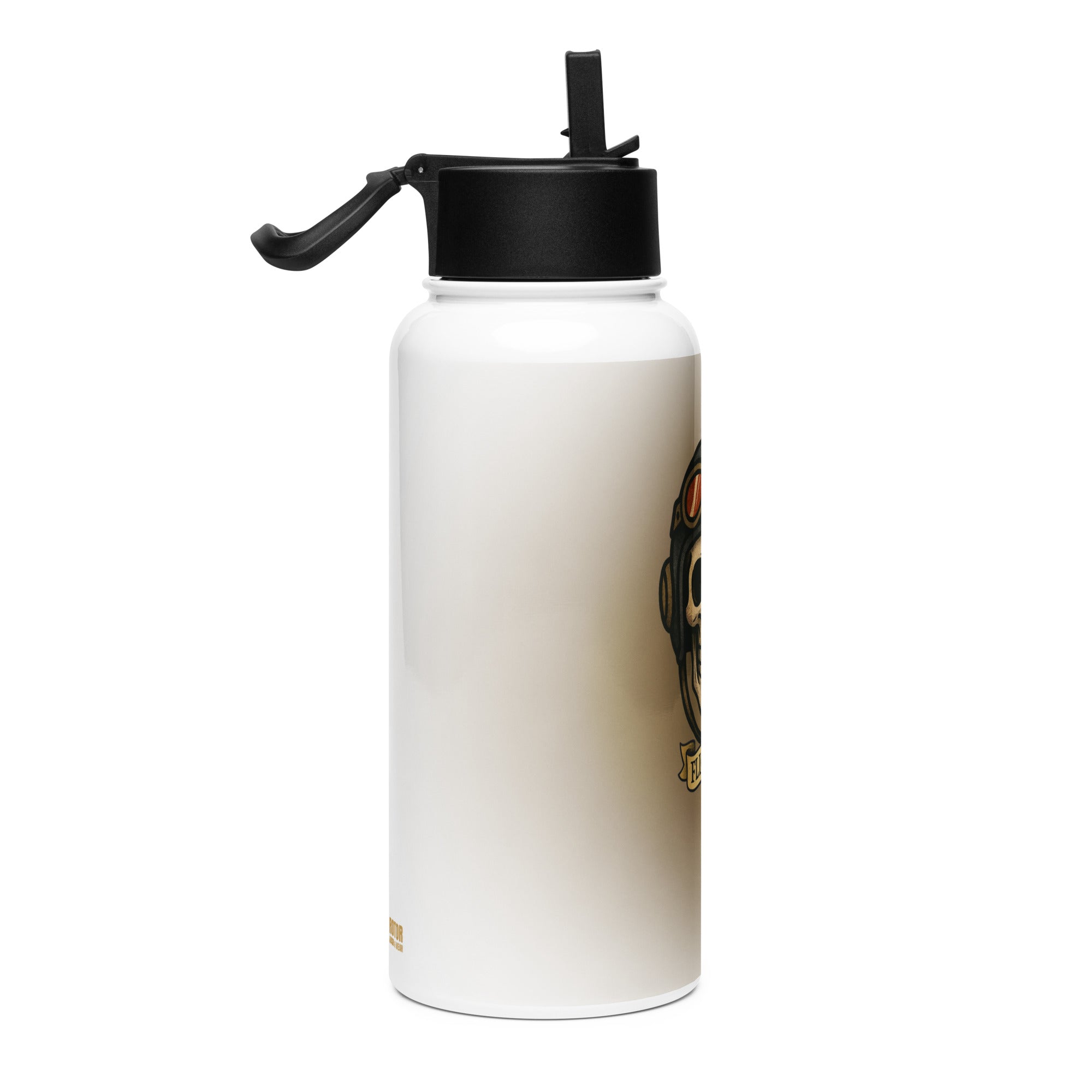 Water bottle with skull design and 'Flight Crew' text on a beige background by Rotor Wash & Wear