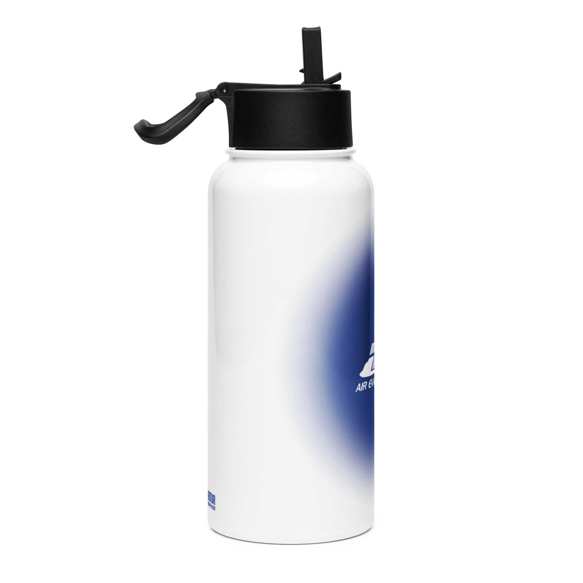 White water bottle with black cap and blue gradient on a white background