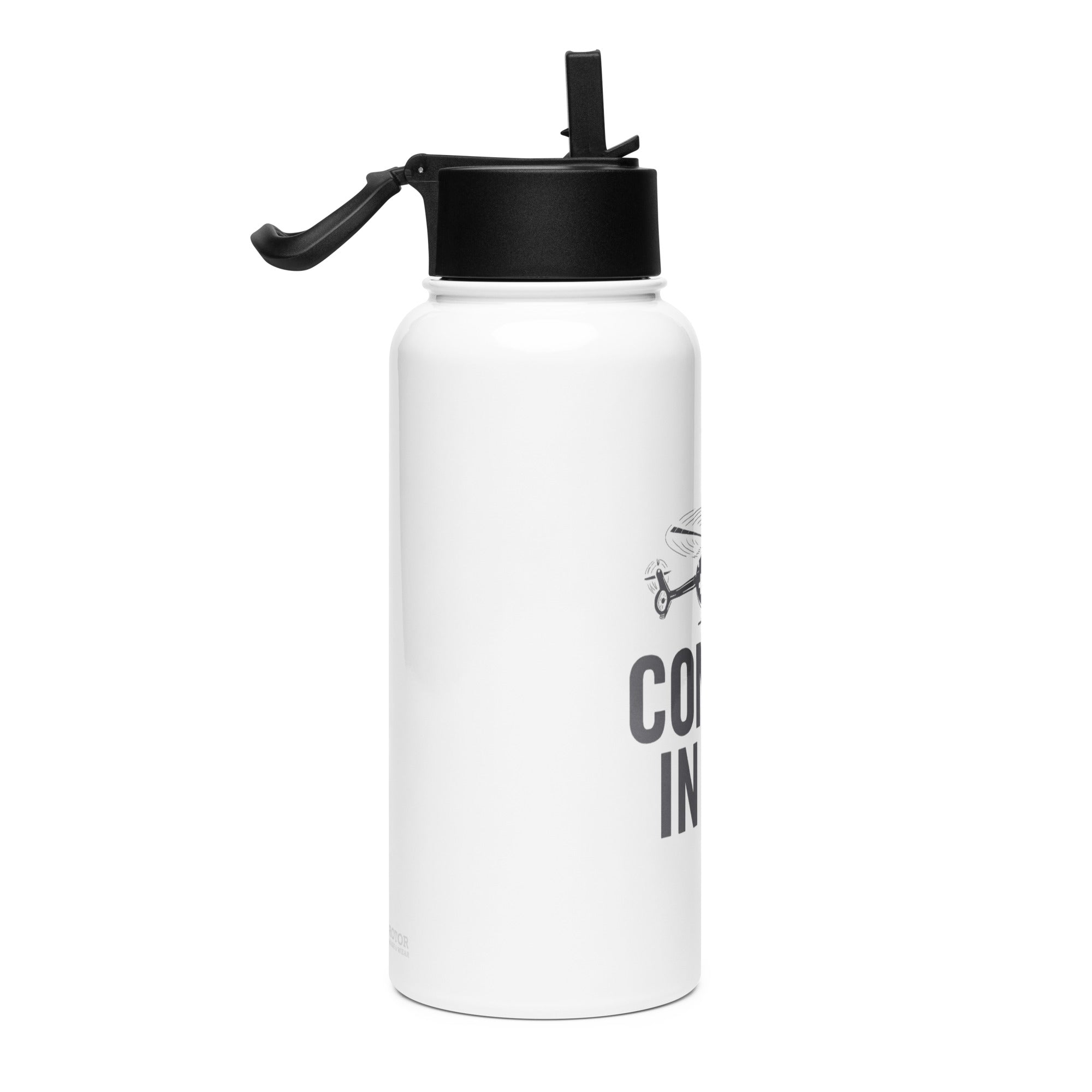 White water bottle with black lid and helicopter graphic and text "Coming in hot" by Rotor Wash & Wear