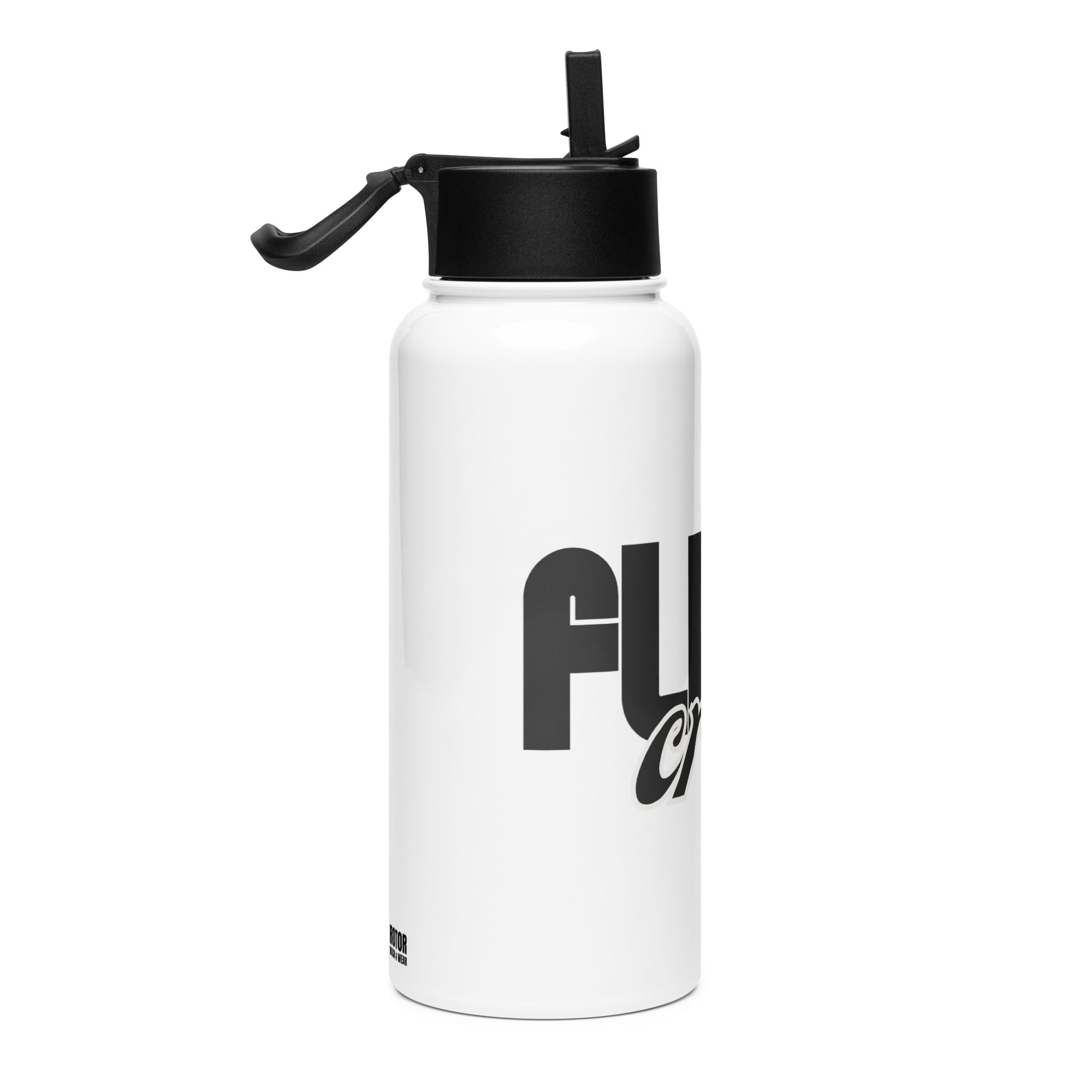 White water bottle with black cap and 'Flight Crew' text by Rotor Wash & Wear