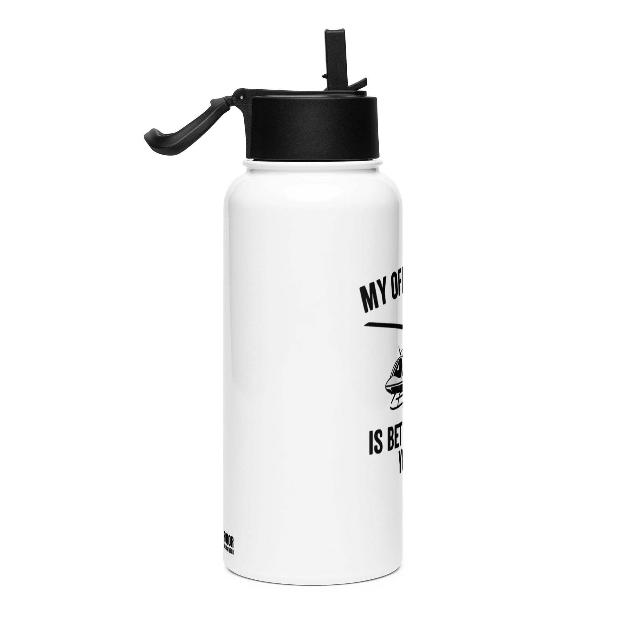 White water bottle with black lid and helicopter graphic and text "My office view is better than yours" by Rotor Wash & Wear