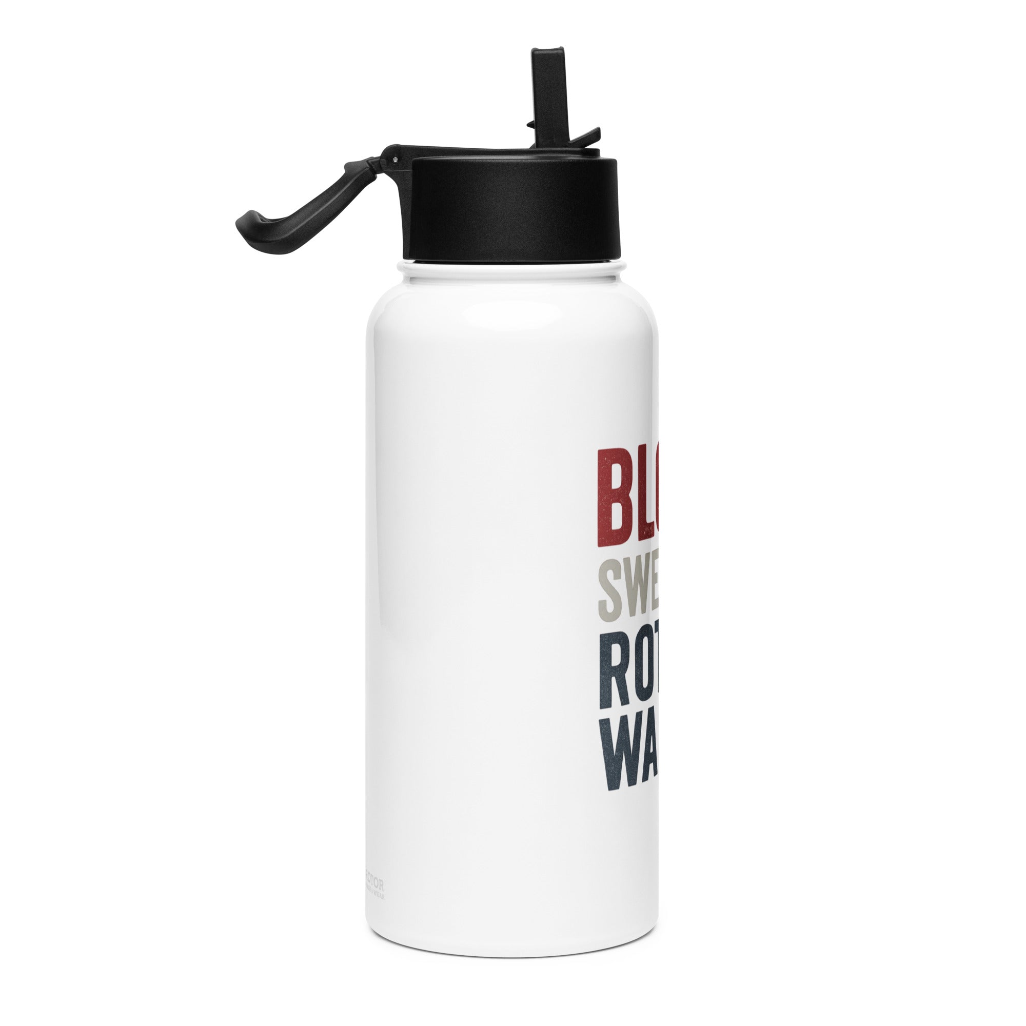 White water bottle with black lid featuring text 'BLOOD, SWEAT AND ROTOR WASH' by Rotor Wash & Wear