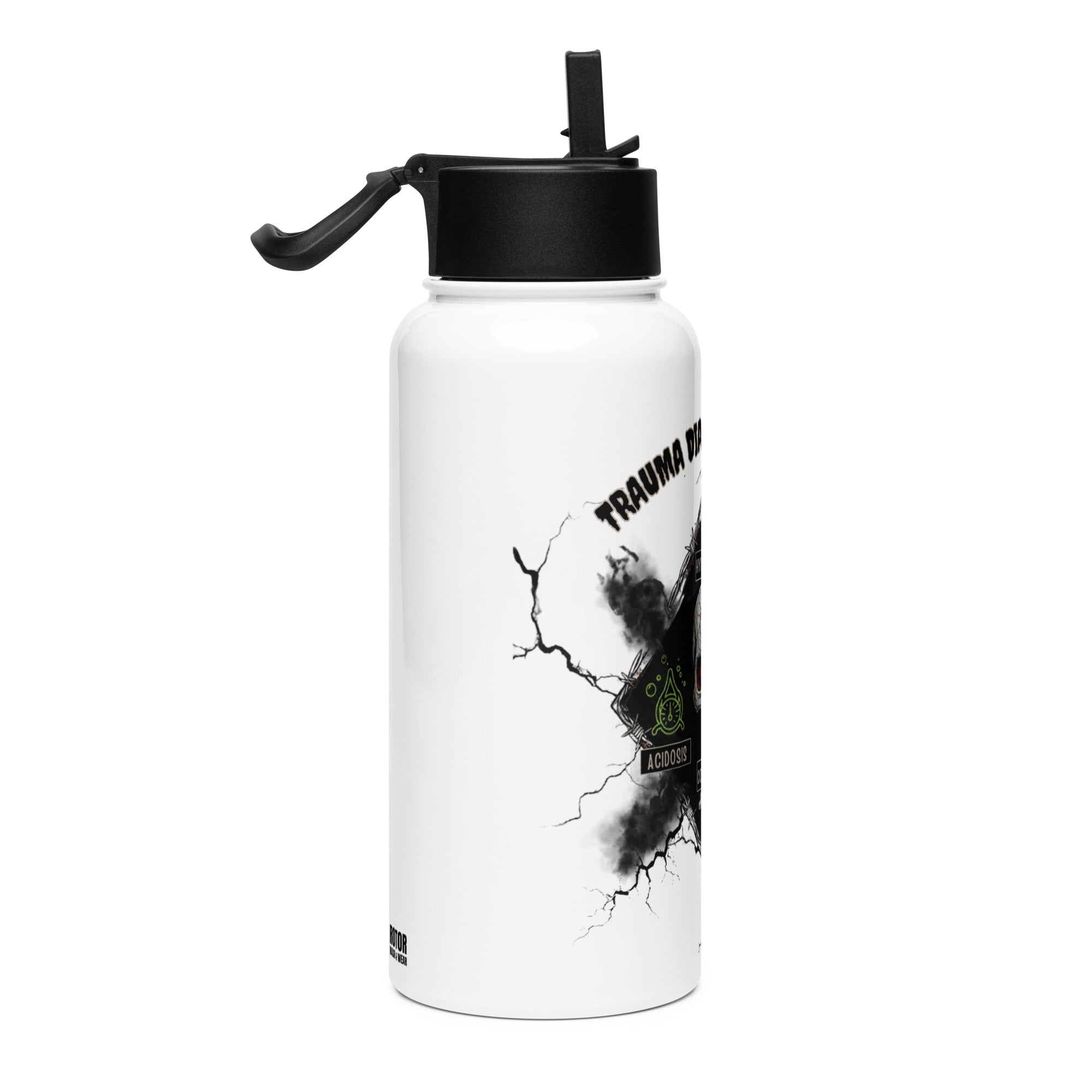 White water bottle with black lid featuring a graphic design of a skull and text "Trauma diamond of death" by Rotor Wash & Wear