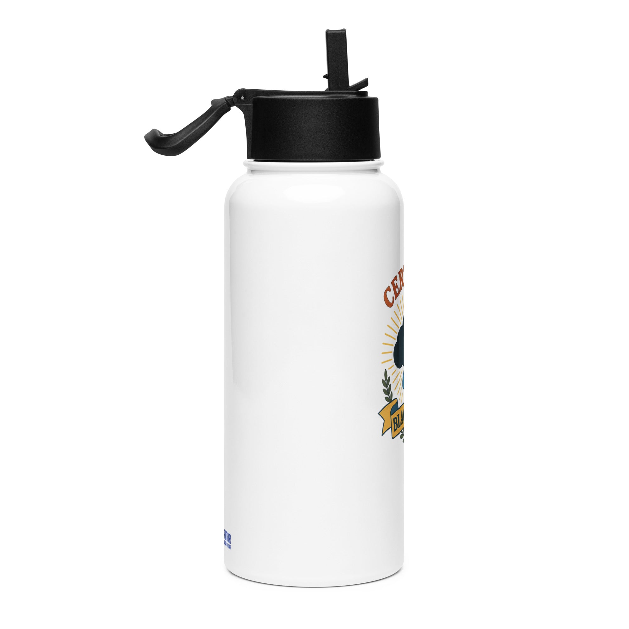 White water bottle with black lid featuring a graphic of a cloud and text "Certified Black Cloud" by Rotor Wash & Wear