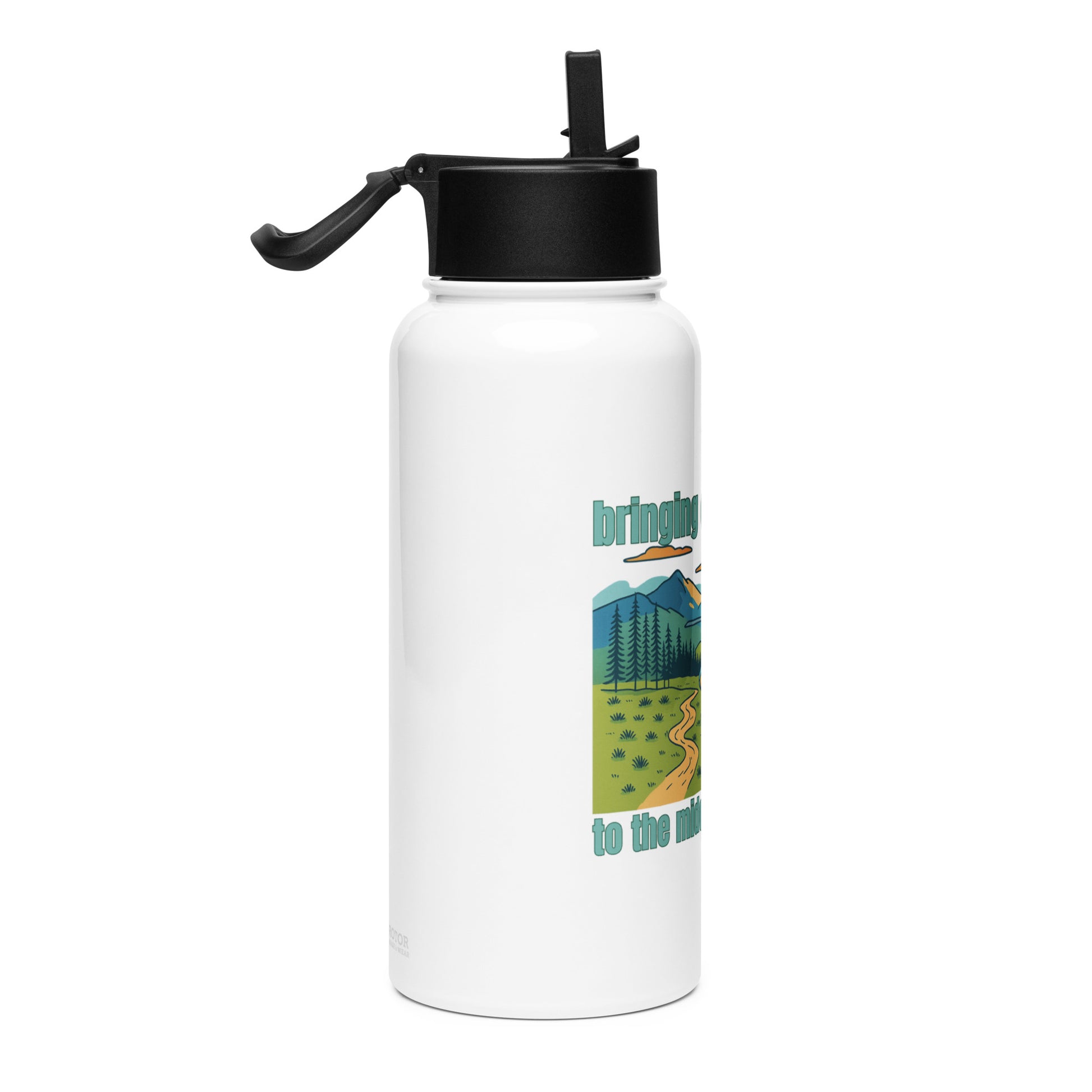 White water bottle with a graphic of a helicopter and mountain landscape with text "Bringing critical care to the middle of nowhere" by Rotor Wash & Wear