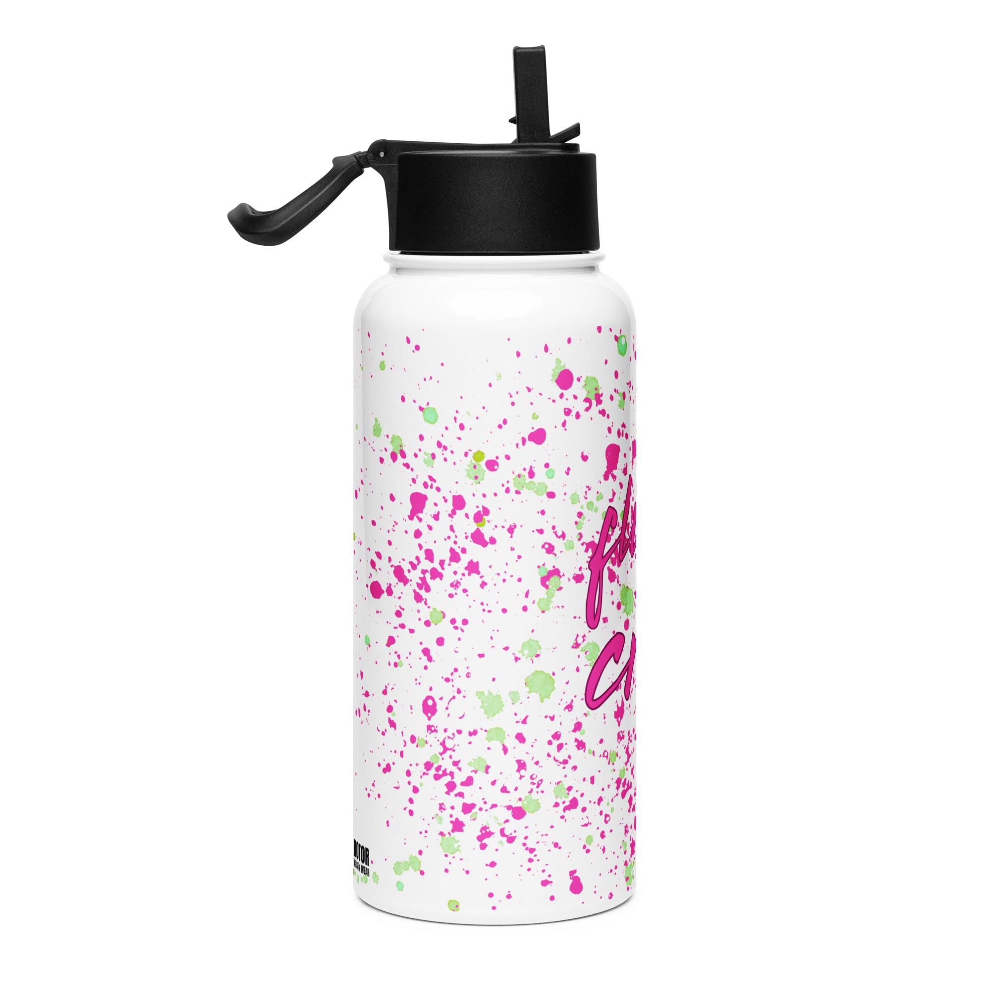 White water bottle with pink 'flight crew' text and colorful splatter design by Rotor Wash & Wear