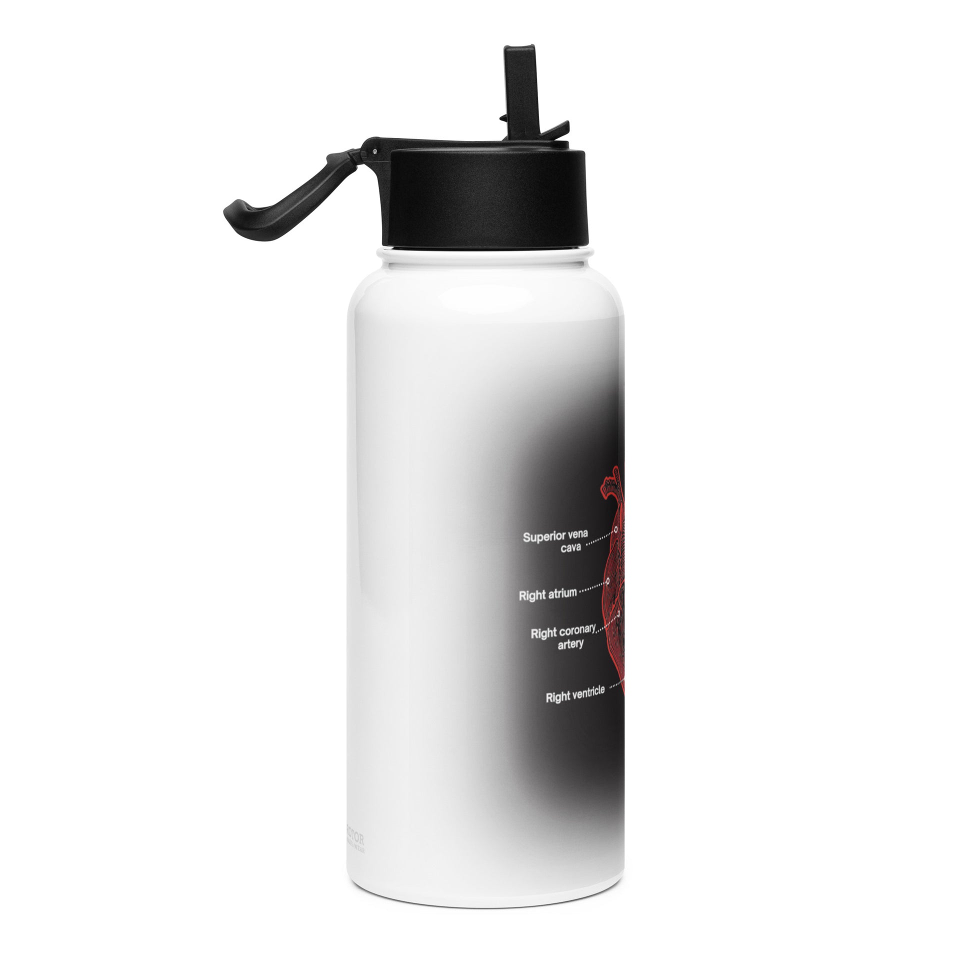 Water bottle with a black and white design of an anatomical heart by Rotor Wash & Wear