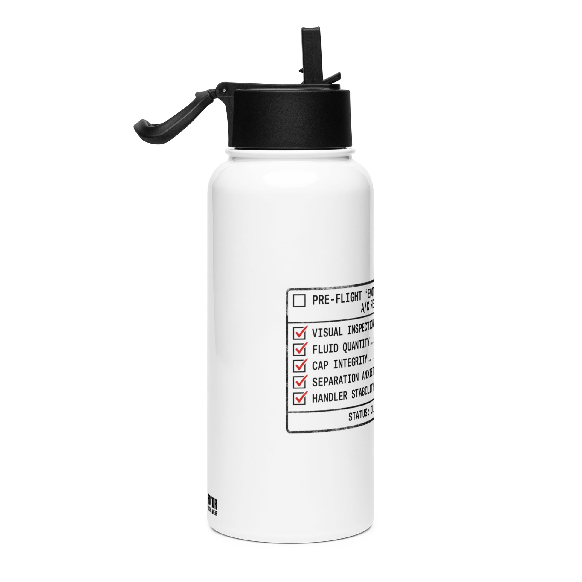 White water bottle with graphic of a "pre-flight checklist" for an emotional support water bottle by Rotor Wash & Wear