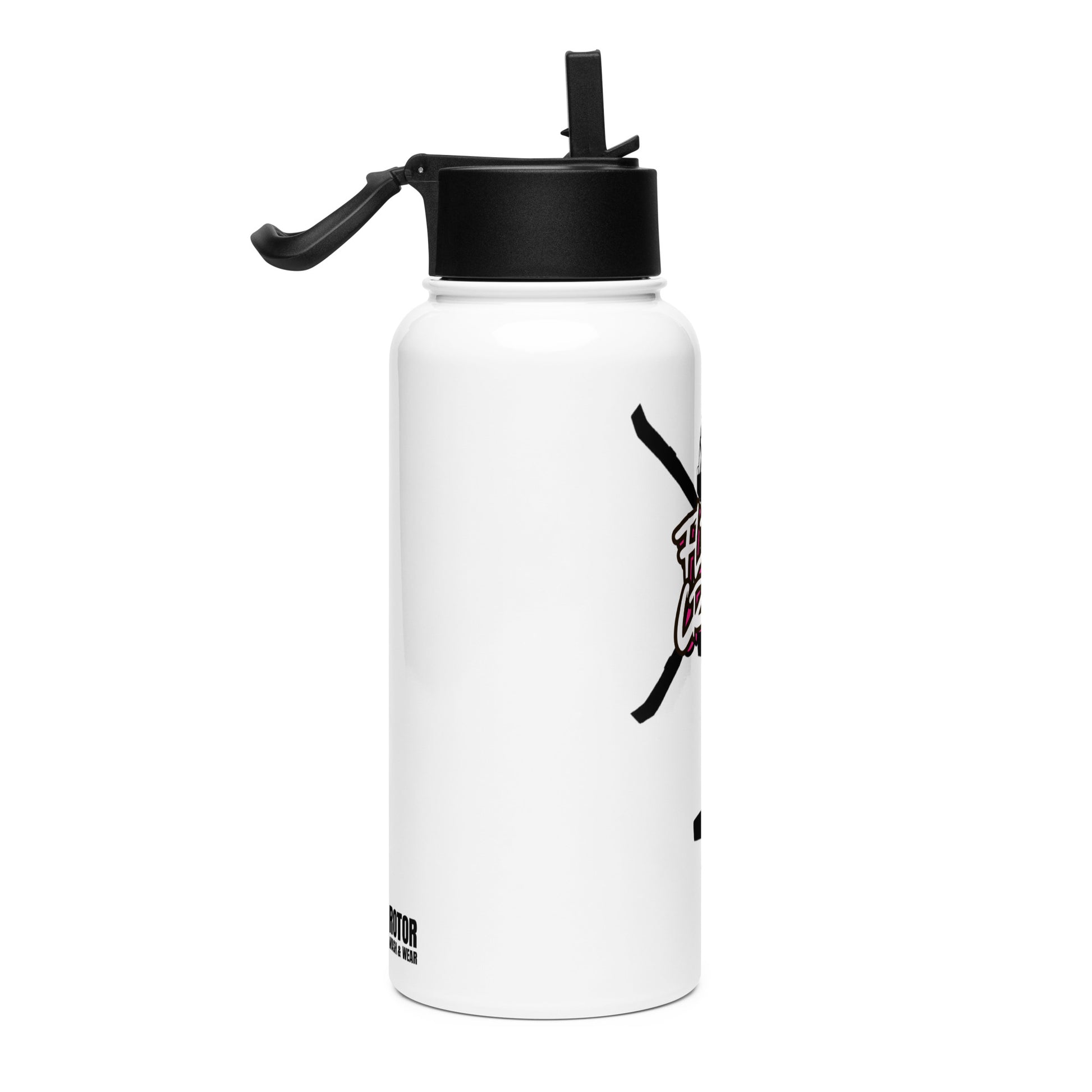 White water bottle with black lid featuring a graphic design of a helicopter and 'FLIGHT CREW' text on by Rotor Wash & Wear
