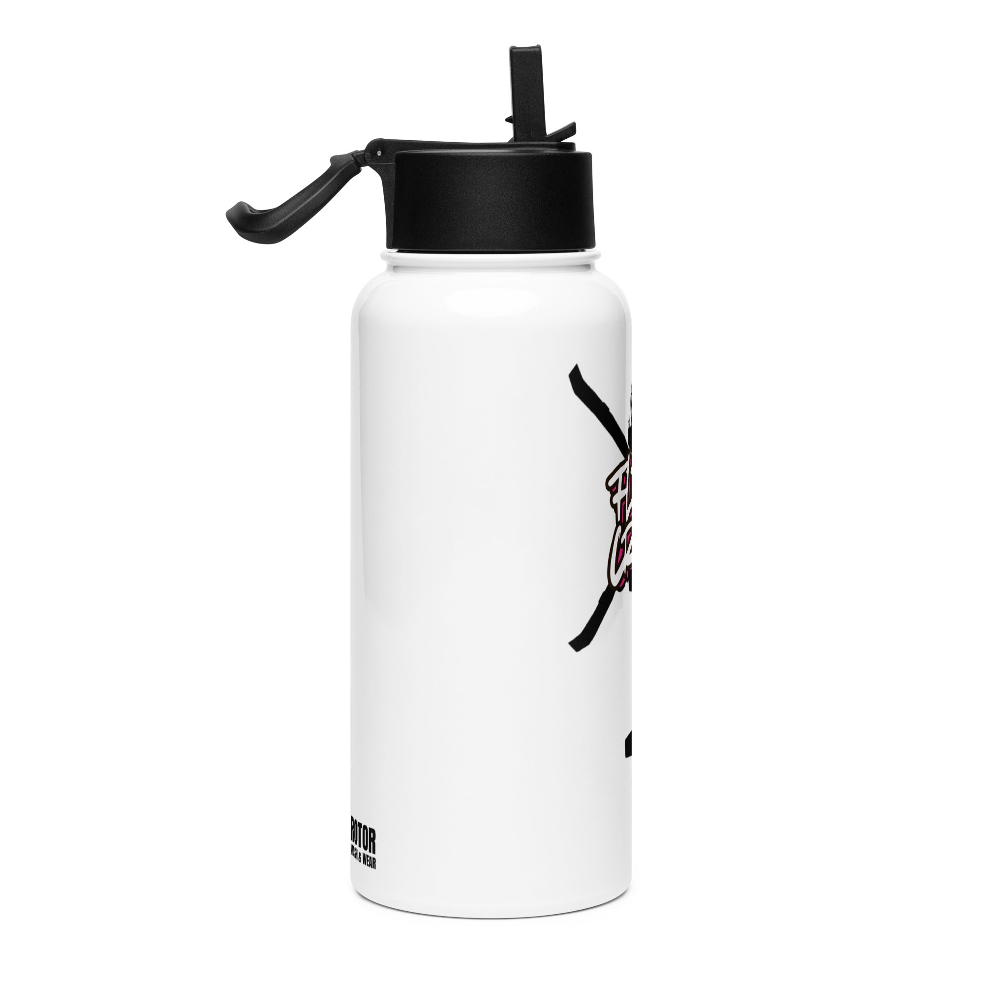 White water bottle with black lid featuring a graphic design of a helicopter and 'FLIGHT CREW' text on by Rotor Wash & Wear