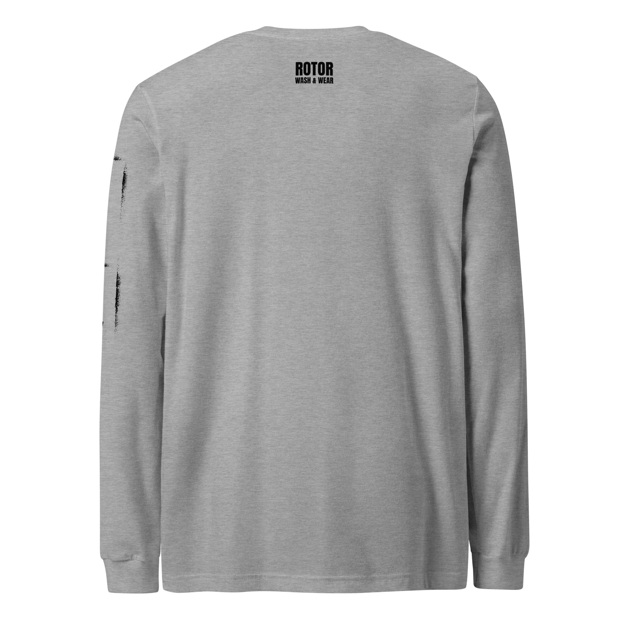 Gray long-sleeve shirt with black "Rotor Wash & Wear" logo on the back against a white background
