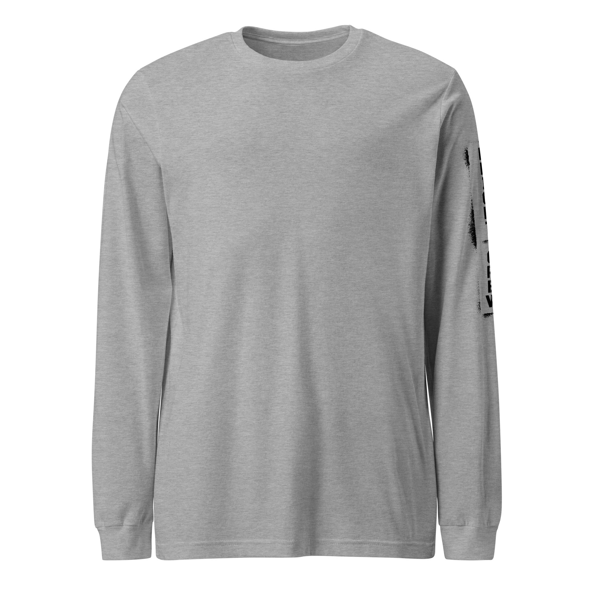 Gray long-sleeve shirt with a logo on the sleeve against a white background