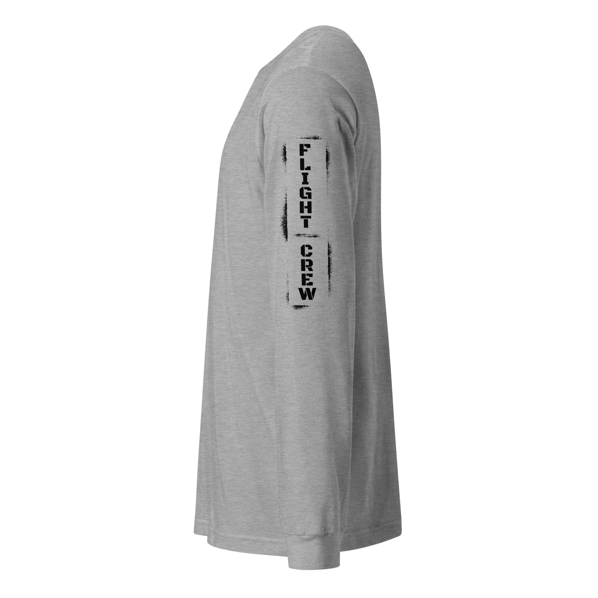 Gray long-sleeve shirt with 'FLIGHT CREW' text on sleeve against by Rotor Wash & Wear