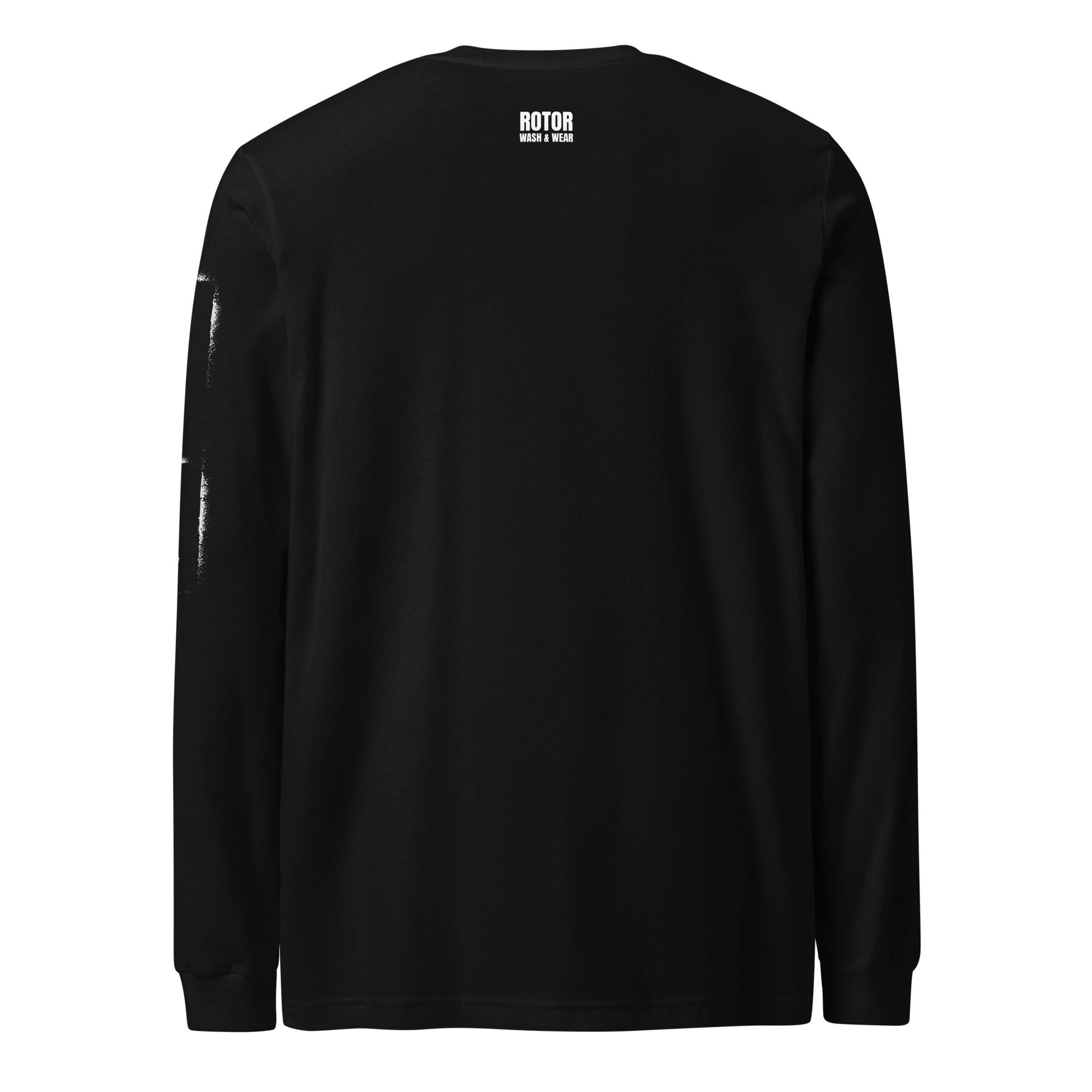 Black long-sleeve shirt with 'ROTOR WASH & WEAR' branding on the back against a white background