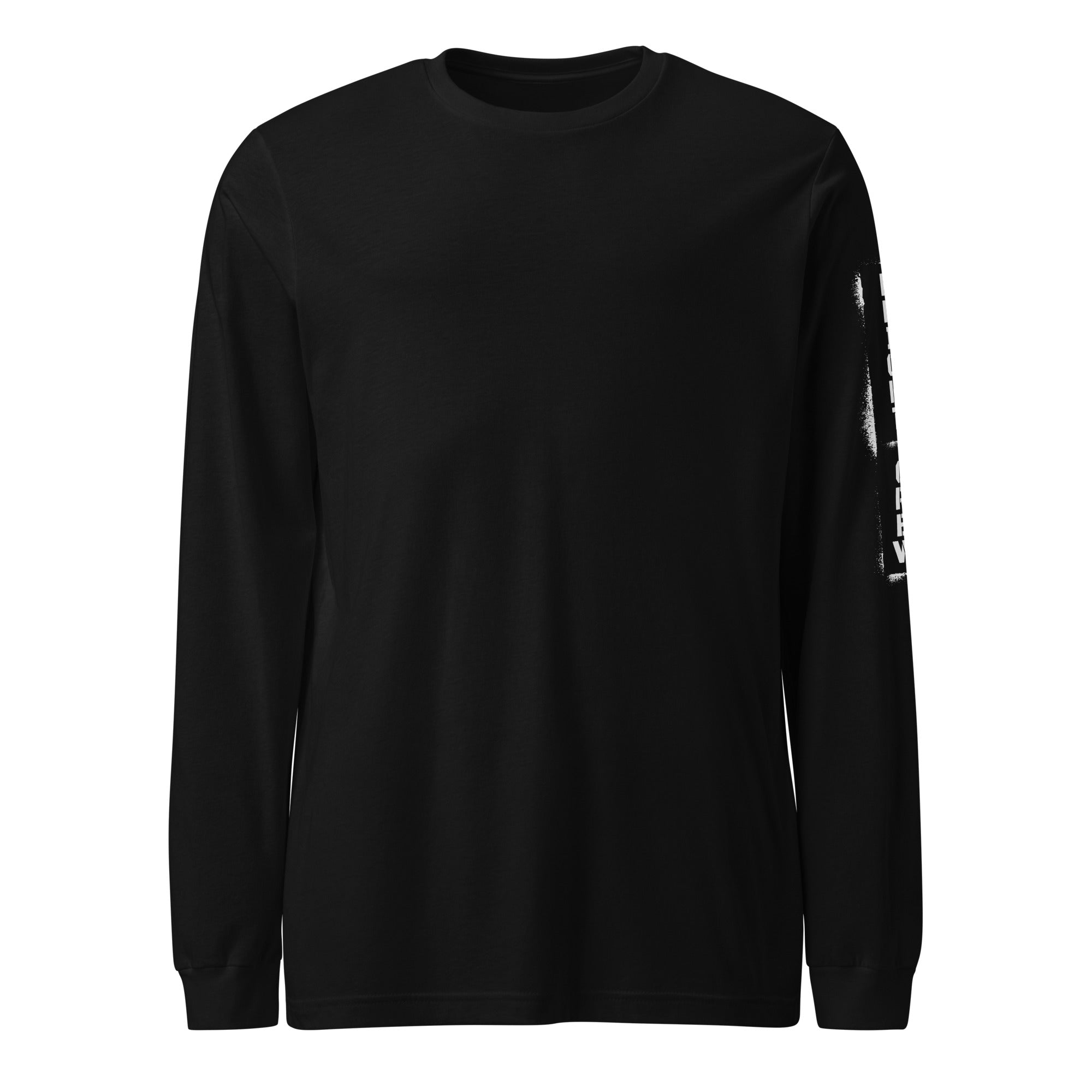Black long-sleeve shirt with a white logo on the sleeve against a white background
