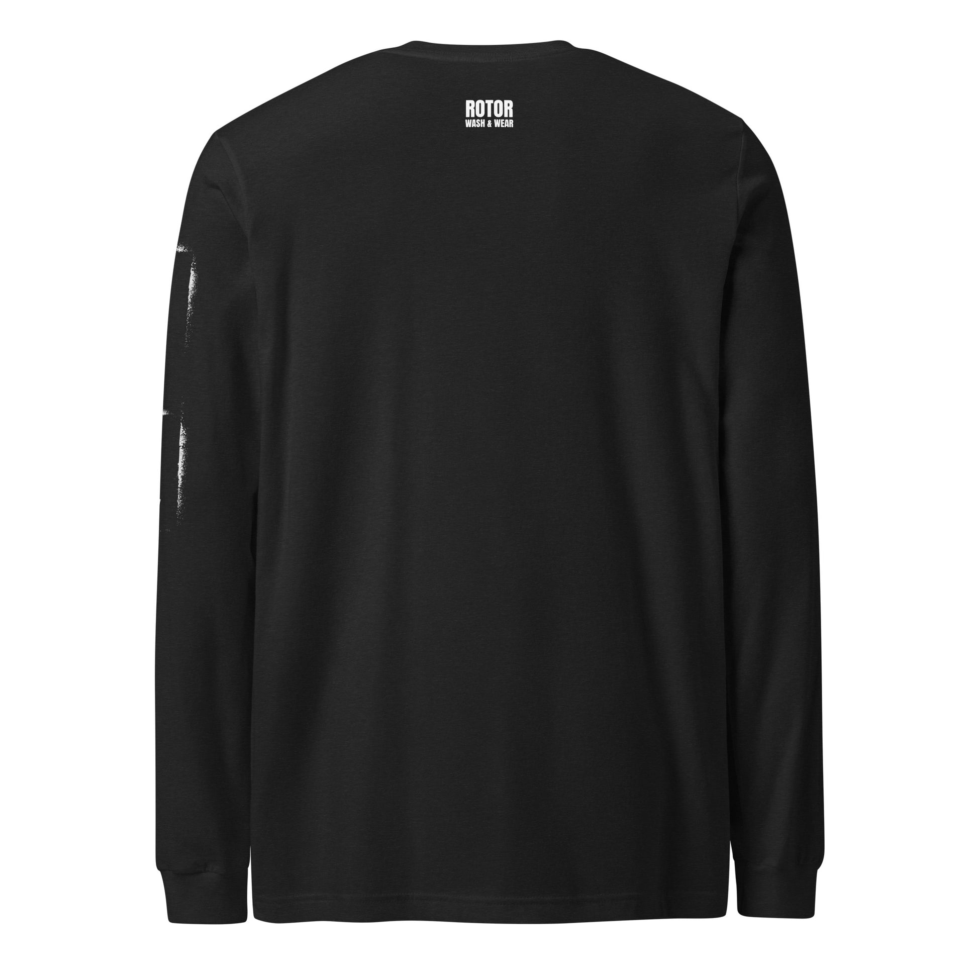 Black long-sleeve shirt with 'ROTOR WASH & WEAR' branding on the back against a white background