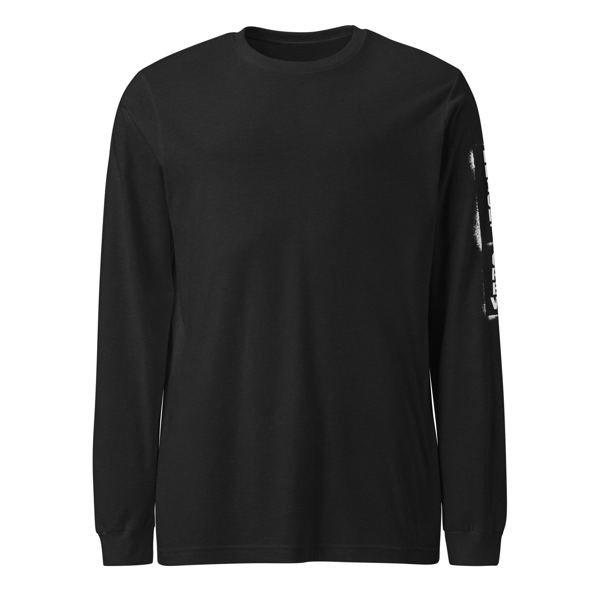 Black long-sleeve shirt with a small white logo on the sleeve against a white background